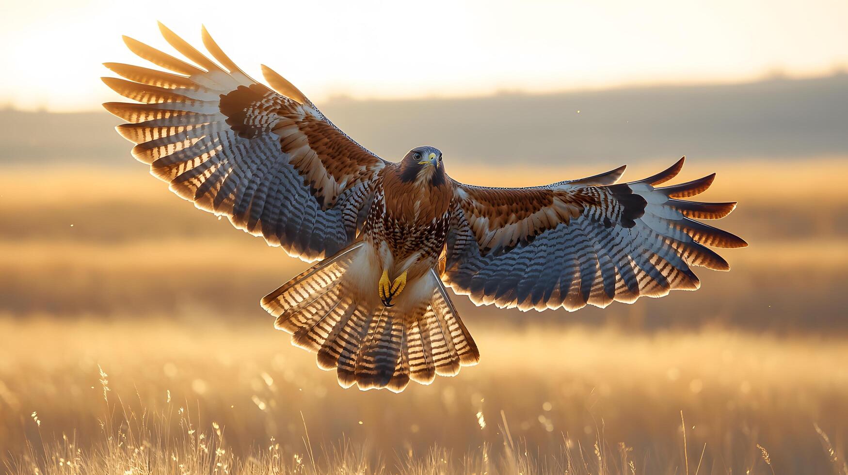Majestic hawk soars over vast grassland, wings spread wide against golden prairie landscape, capturing autumn colors and detailed feather textures in afternoon light. aerial photo