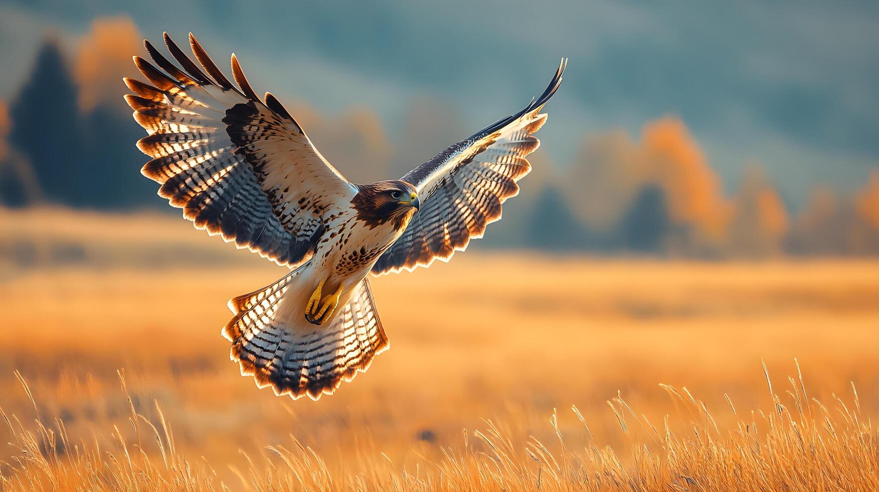 Majestic hawk soars over vast grassland, wings spread wide against golden prairie landscape, capturing autumn colors and detailed feather textures in afternoon light. predatory photo