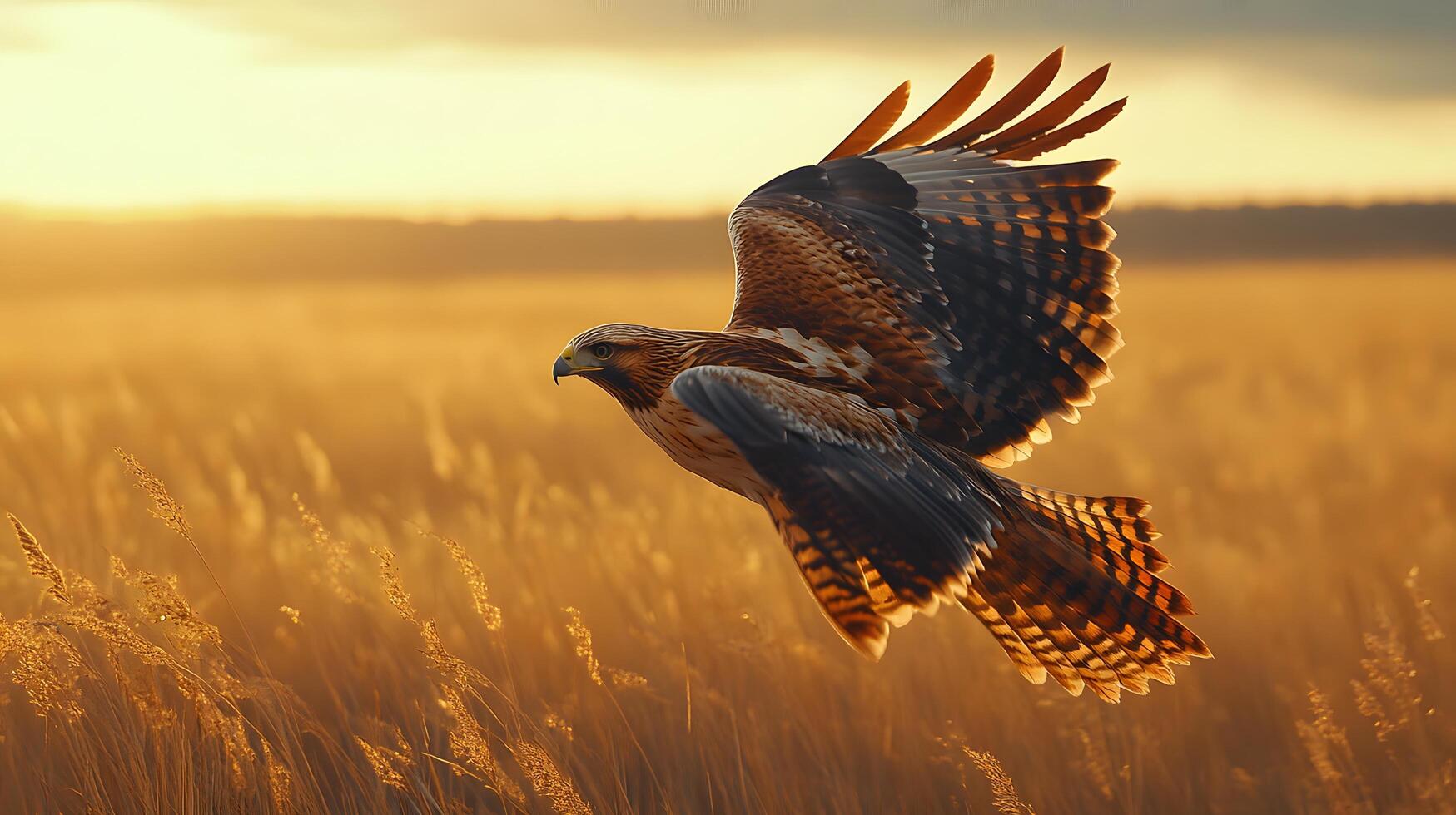 Majestic hawk soars over vast grassland, wings spread wide against golden prairie landscape, capturing autumn colors and detailed feather textures in afternoon light. focused photo