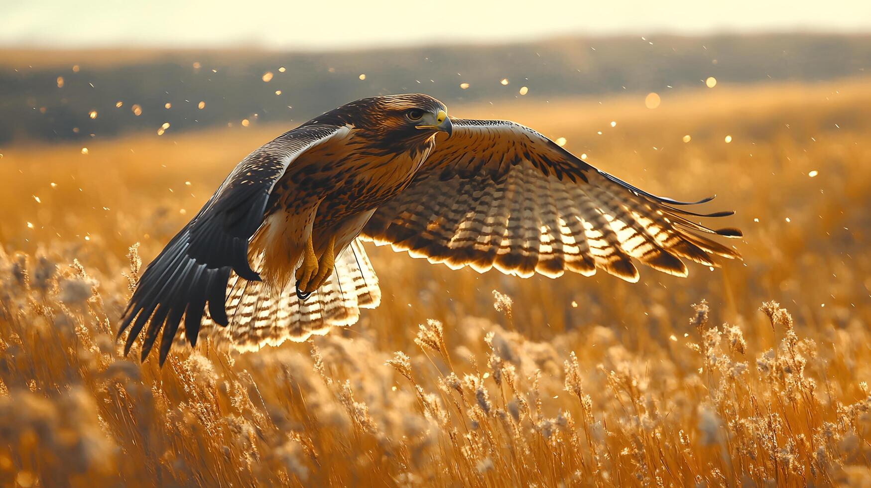 Majestic hawk soars over vast grassland, wings spread wide against golden prairie landscape, capturing autumn colors and detailed feather textures in afternoon light. determined photo