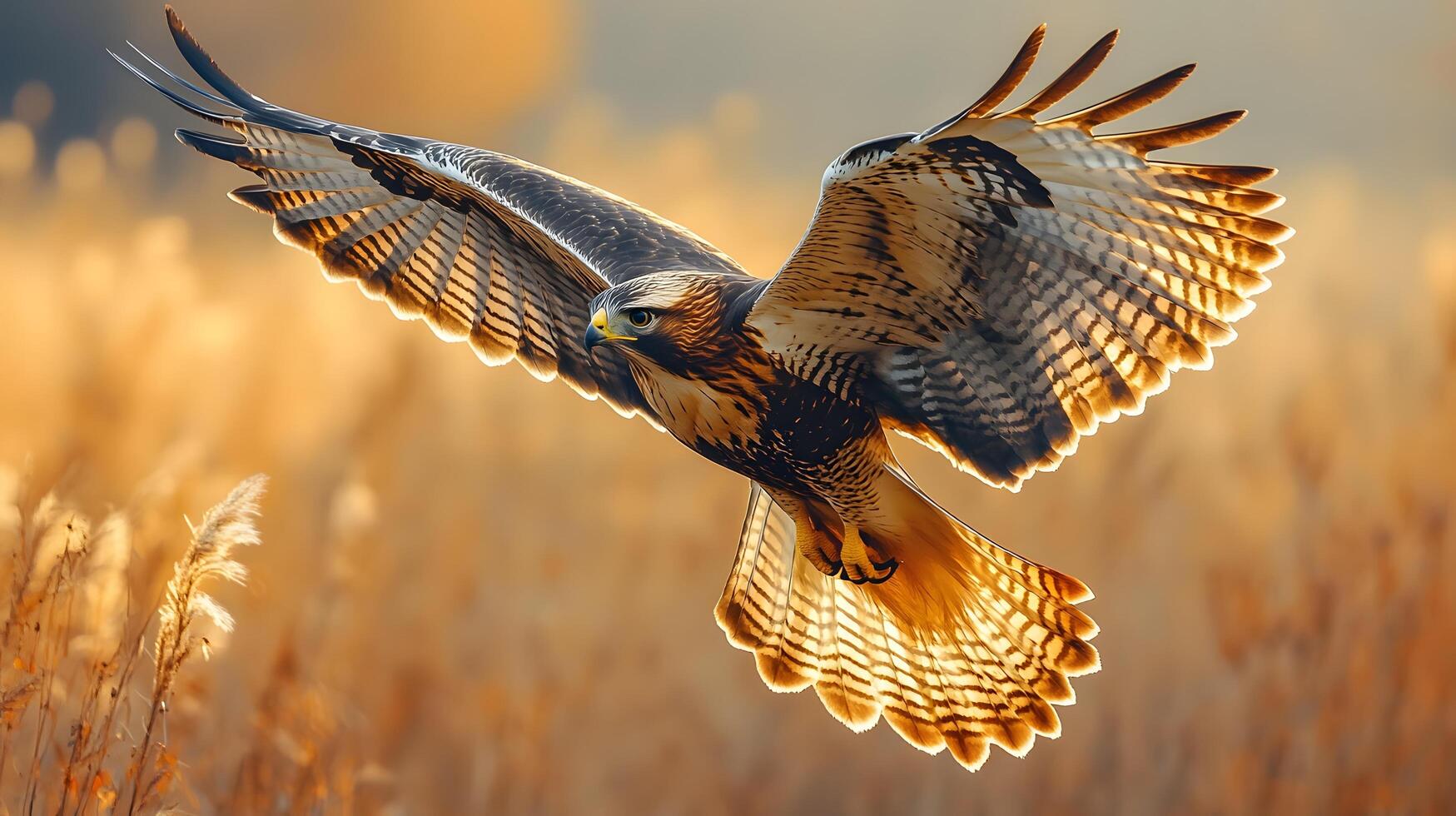 Majestic hawk soars over vast grassland, wings spread wide against golden prairie landscape, capturing autumn colors and detailed feather textures in afternoon light. flight photo