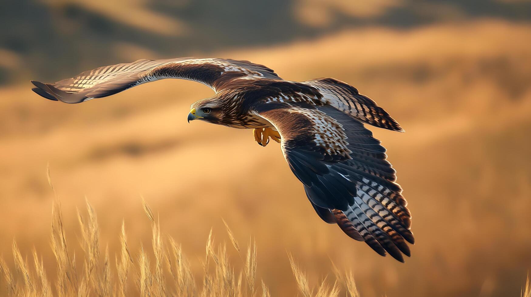 Majestic hawk soars over vast grassland, wings spread wide against golden prairie landscape, capturing autumn colors and detailed feather textures in afternoon light. skilled photo