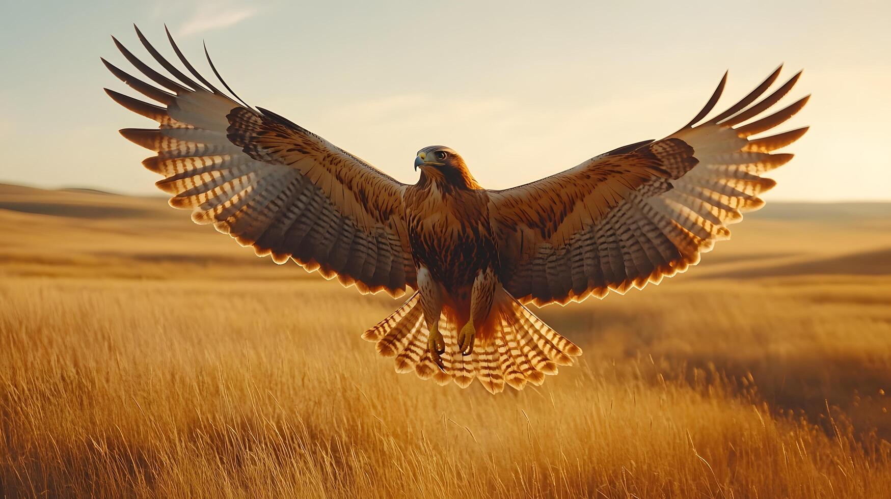 Majestic hawk soars over vast grassland, wings spread wide against golden prairie landscape, capturing autumn colors and detailed feather textures in afternoon light. hawk photo