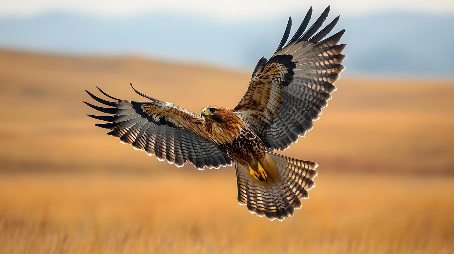 Majestic hawk soars over vast grassland, wings spread wide against golden prairie landscape, capturing autumn colors and detailed feather textures in afternoon light. grassland photo