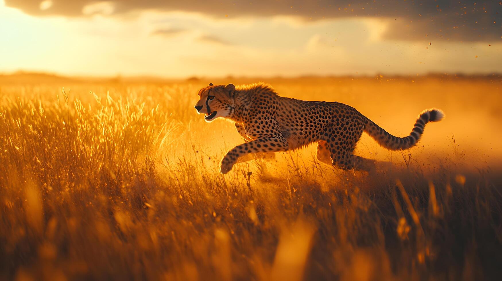 Swift cheetah racing across African savanna captures dynamic motion against golden grass backdrop, with sunset lighting emphasizing muscular form and spotted coat detail. agile photo