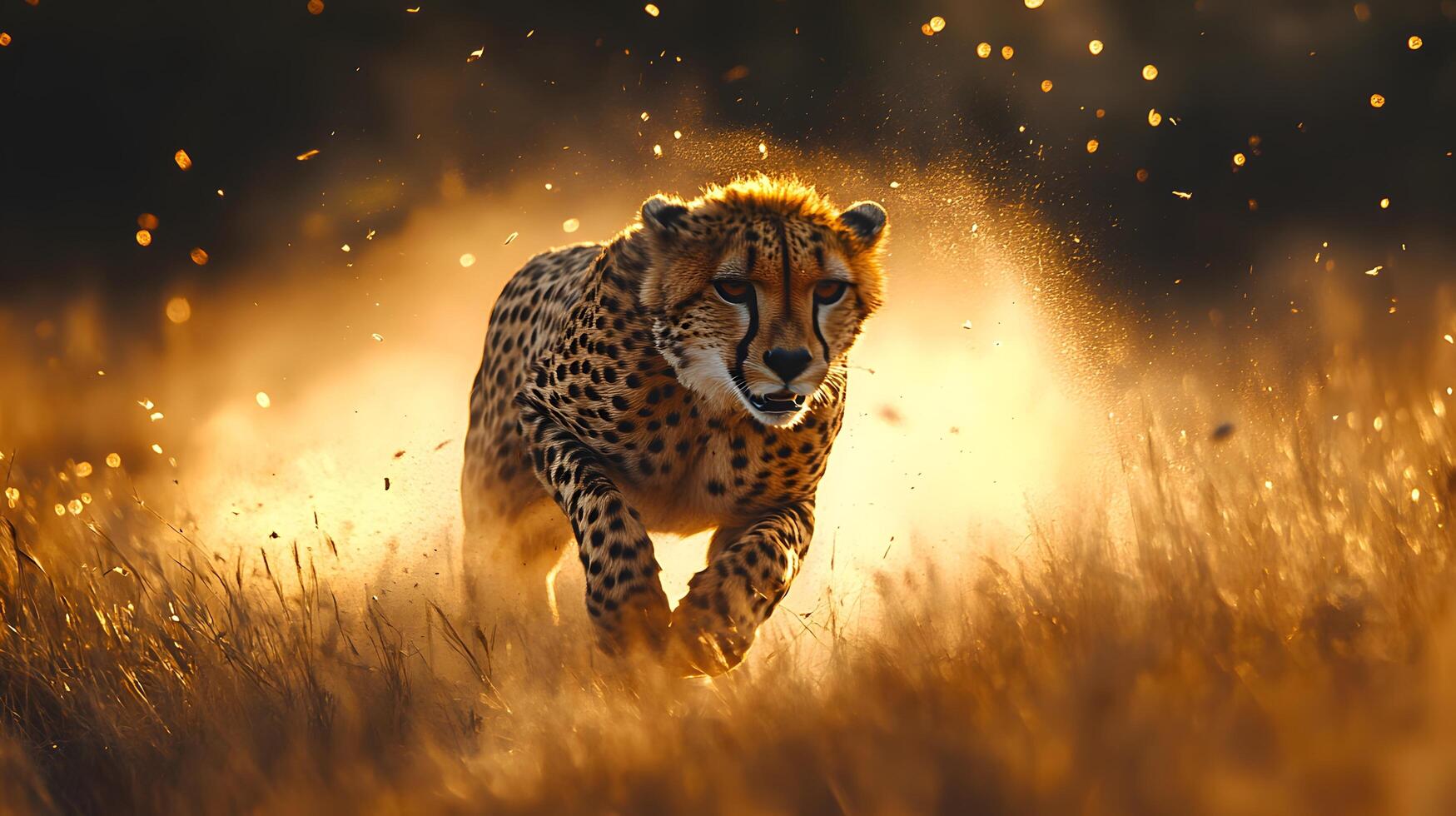 Swift cheetah racing across African savanna captures dynamic motion against golden grass backdrop, with sunset lighting emphasizing muscular form and spotted coat detail. powerful photo