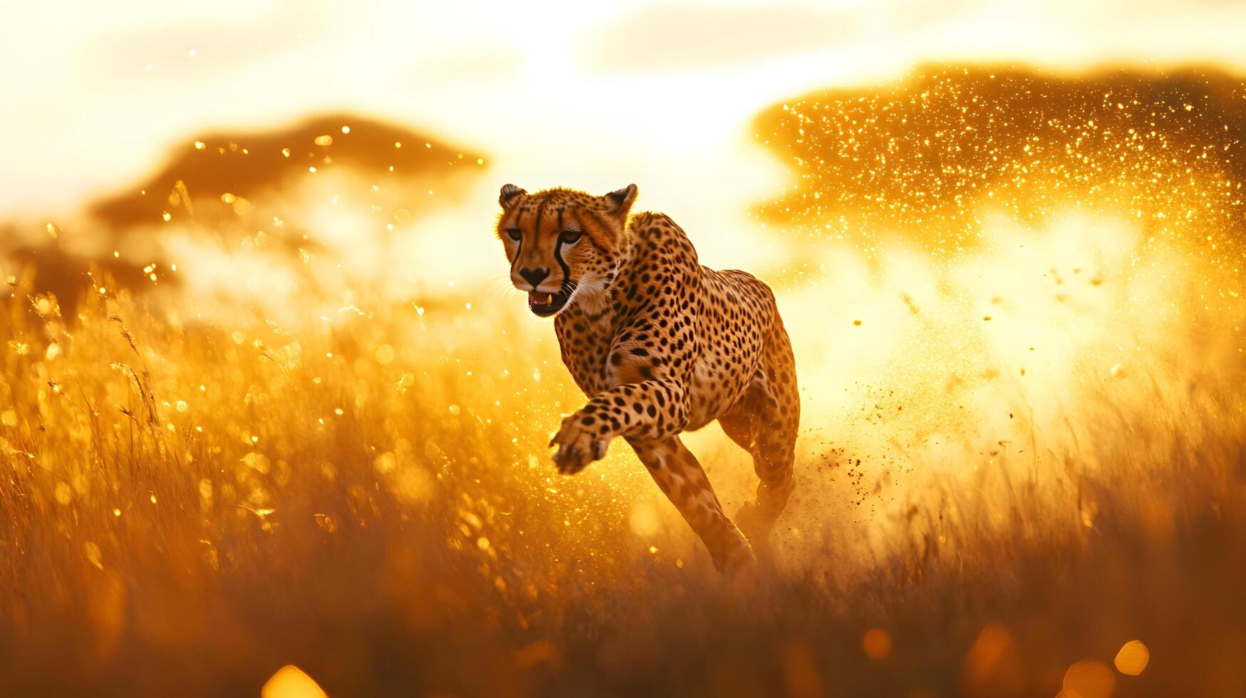 Swift cheetah racing across African savanna captures dynamic motion against golden grass backdrop, with sunset lighting emphasizing muscular form and spotted coat detail. swift photo