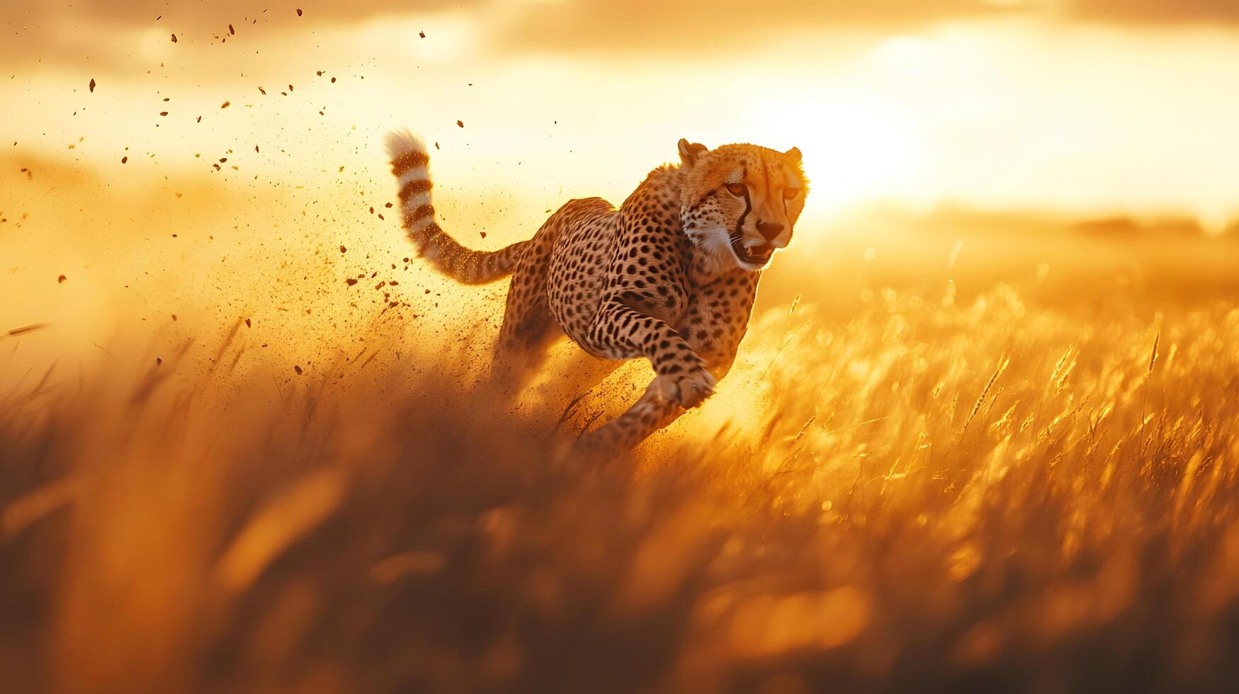 Swift cheetah racing across African savanna captures dynamic motion against golden grass backdrop, with sunset lighting emphasizing muscular form and spotted coat detail. athletic photo