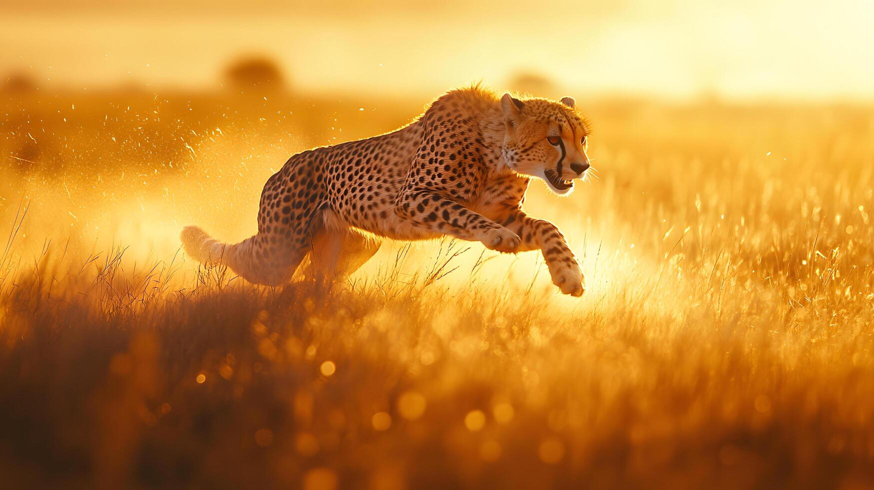 Swift cheetah racing across African savanna captures dynamic motion against golden grass backdrop, with sunset lighting emphasizing muscular form and spotted coat detail. cheetah photo