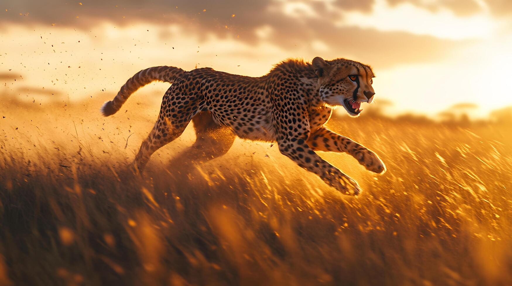Swift cheetah racing across African savanna captures dynamic motion against golden grass backdrop, with sunset lighting emphasizing muscular form and spotted coat detail. savanna photo