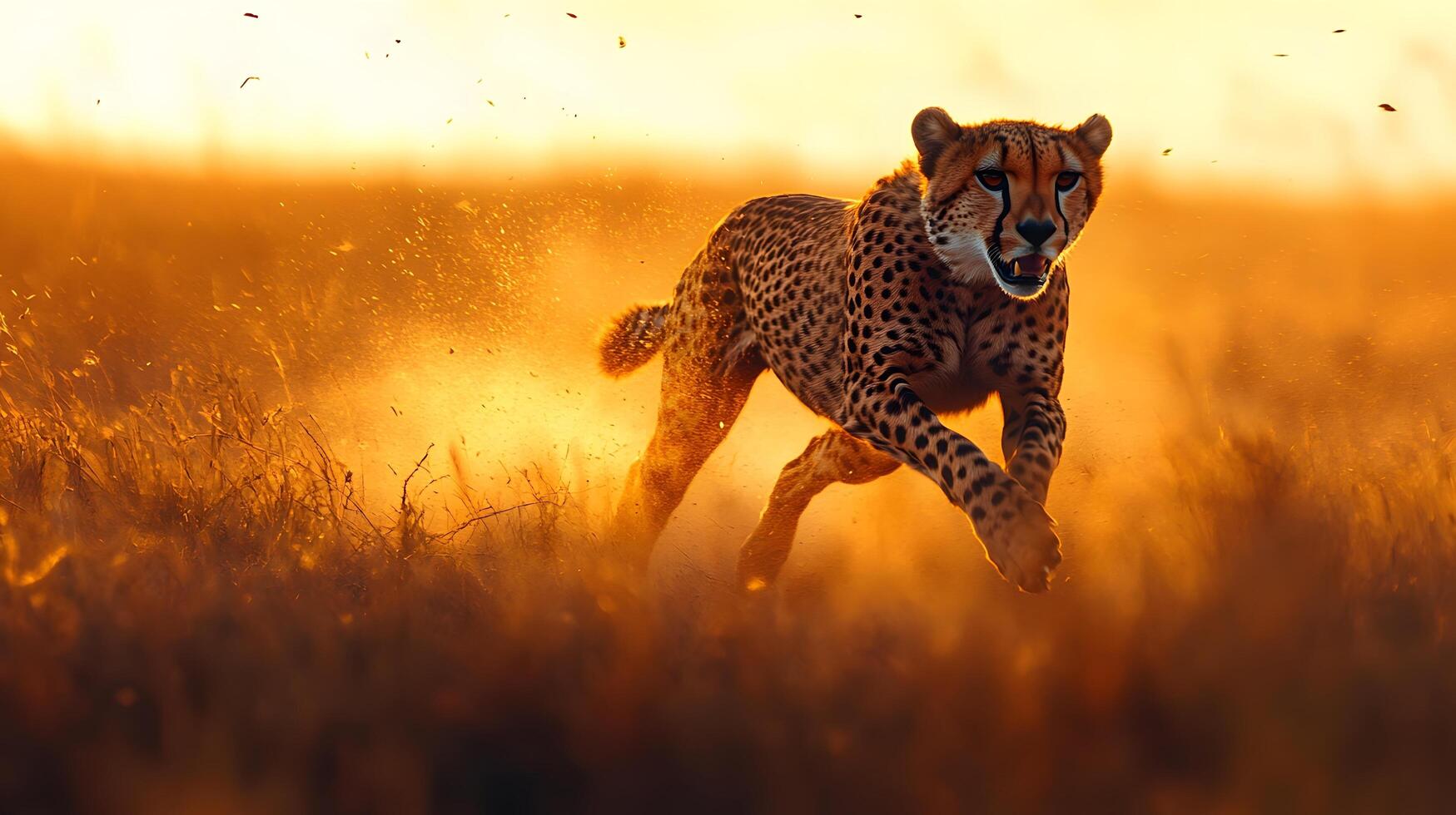 Swift cheetah racing across African savanna captures dynamic motion against golden grass backdrop, with sunset lighting emphasizing muscular form and spotted coat detail. motion photo