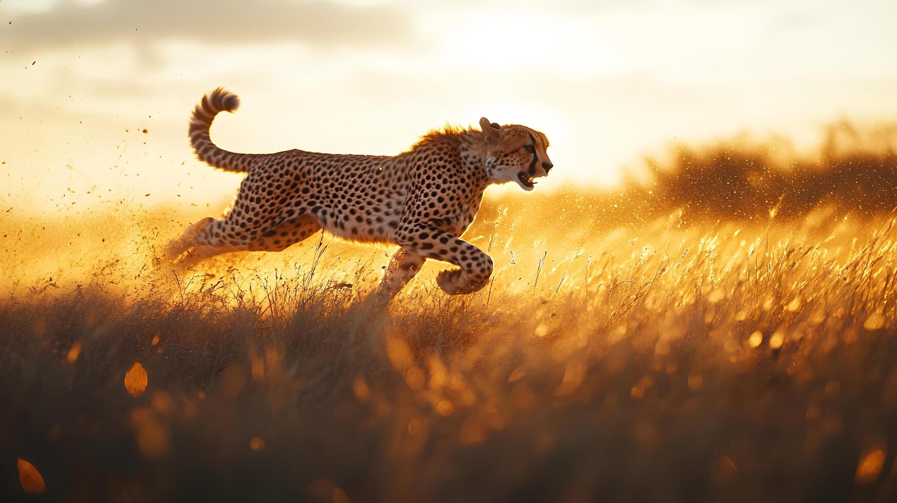 Swift cheetah racing across African savanna captures dynamic motion against golden grass backdrop, with sunset lighting emphasizing muscular form and spotted coat detail. grass photo