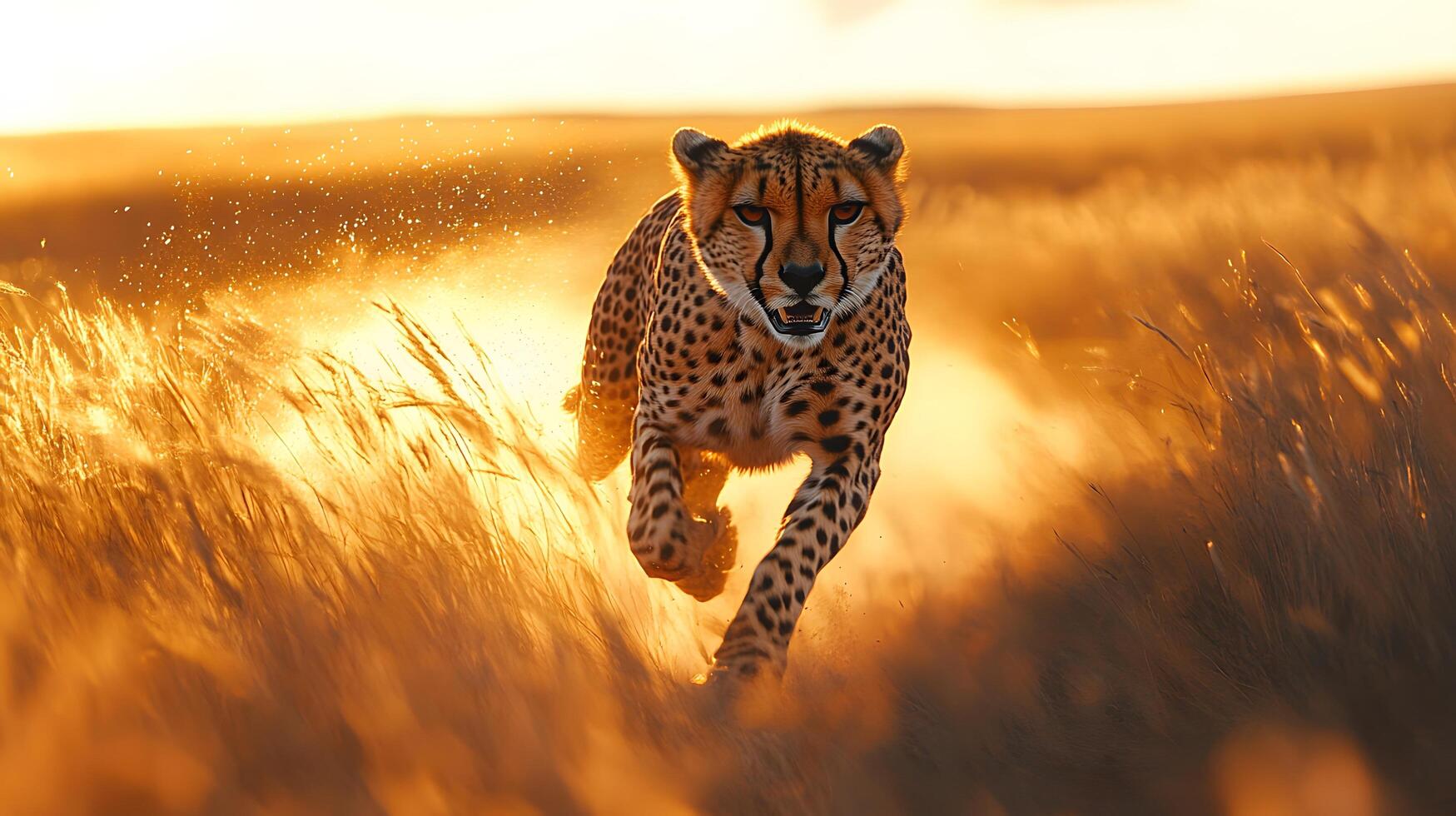 Swift cheetah racing across African savanna captures dynamic motion against golden grass backdrop, with sunset lighting emphasizing muscular form and spotted coat detail. sunset photo