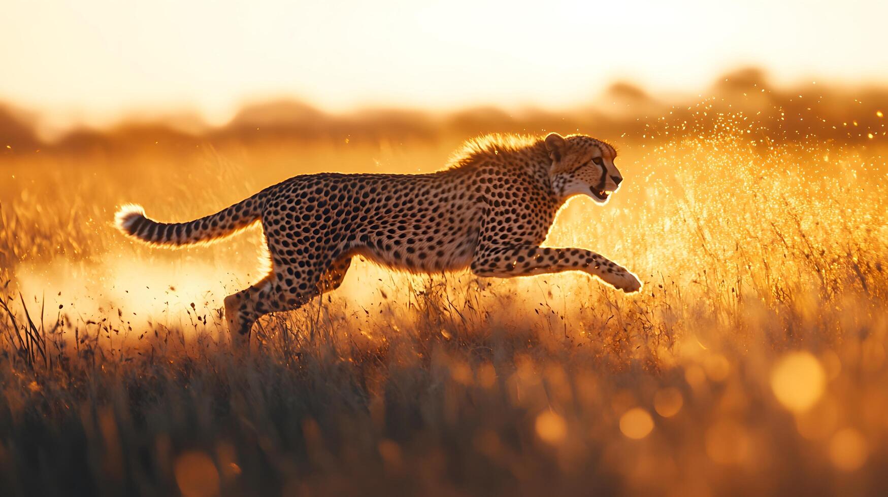 Swift cheetah racing across African savanna captures dynamic motion against golden grass backdrop, with sunset lighting emphasizing muscular form and spotted coat detail. dynamic photo