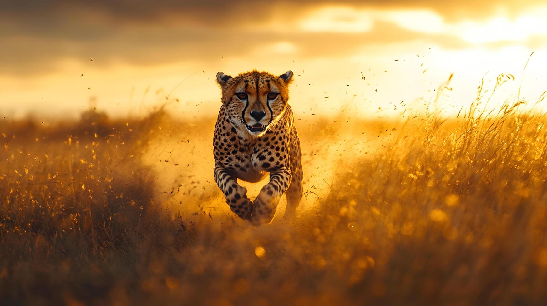 Swift cheetah racing across African savanna captures dynamic motion against golden grass backdrop, with sunset lighting emphasizing muscular form and spotted coat detail. wildlife photo