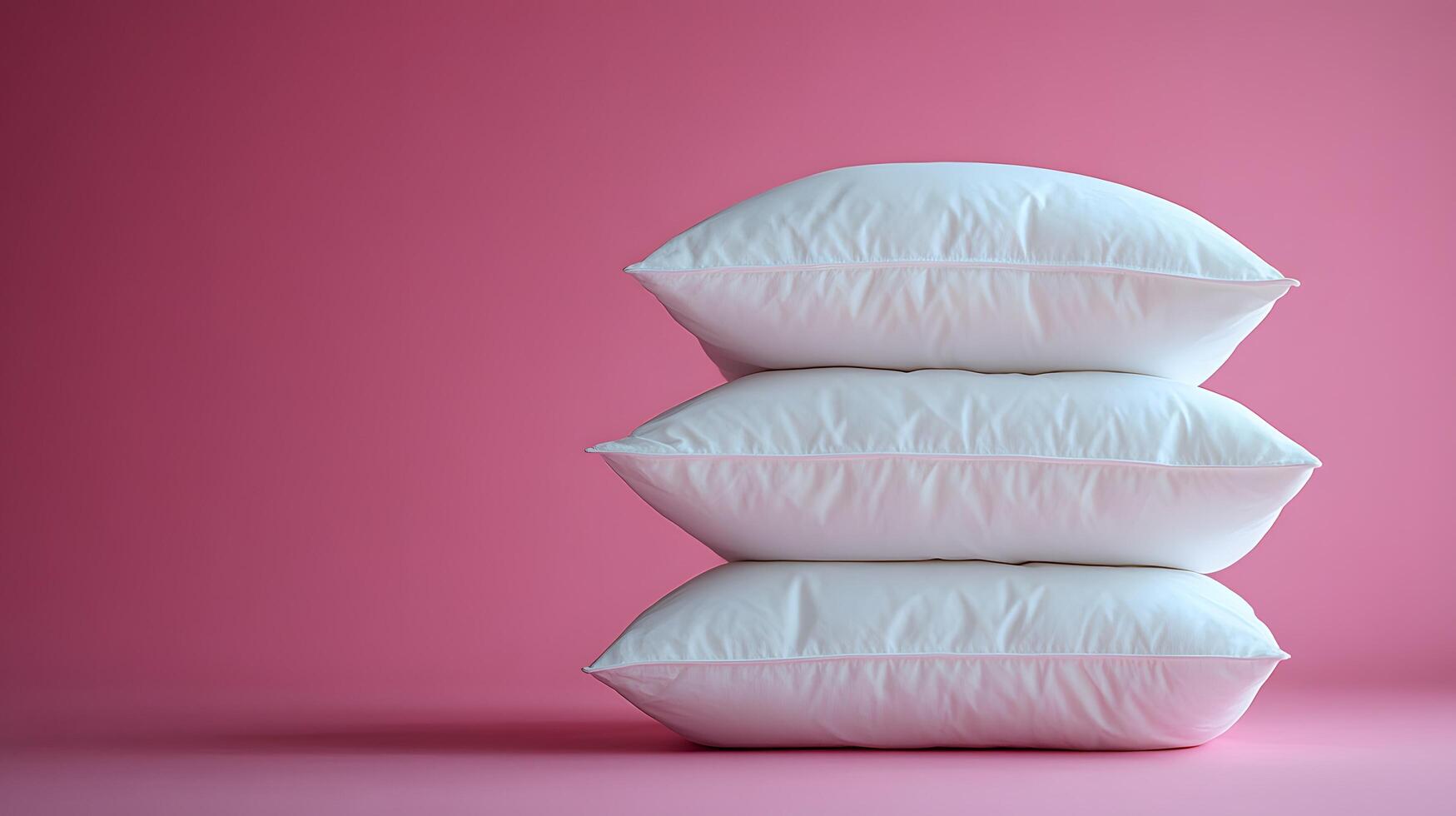 Pure white fluffy pillows stacked against soft pink background create minimalist composition with right-side positioning, emphasizing textile textures and comfort. minimalist photo