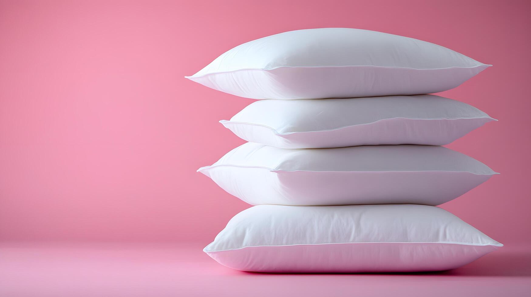 Pure white fluffy pillows stacked against soft pink background create minimalist composition with right-side positioning, emphasizing textile textures and comfort. essentials photo