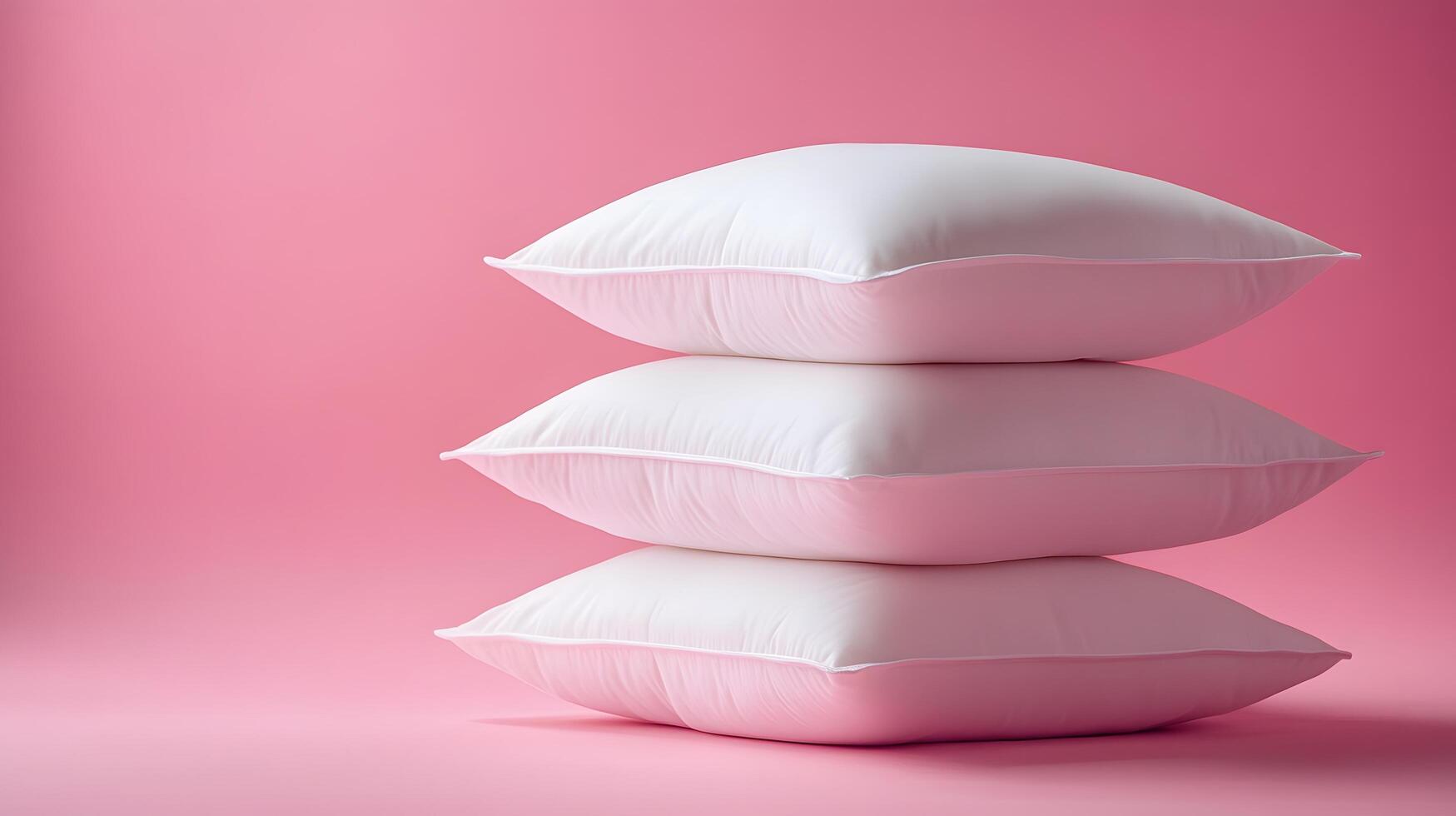 Pure white fluffy pillows stacked against soft pink background create minimalist composition with right-side positioning, emphasizing textile textures and comfort. cozy photo