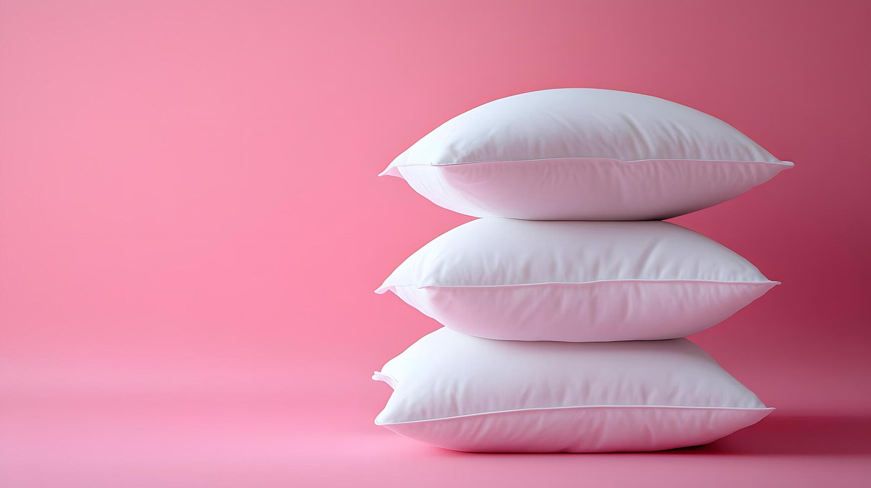 Pure white fluffy pillows stacked against soft pink background create minimalist composition with right-side positioning, emphasizing textile textures and comfort. relaxing photo