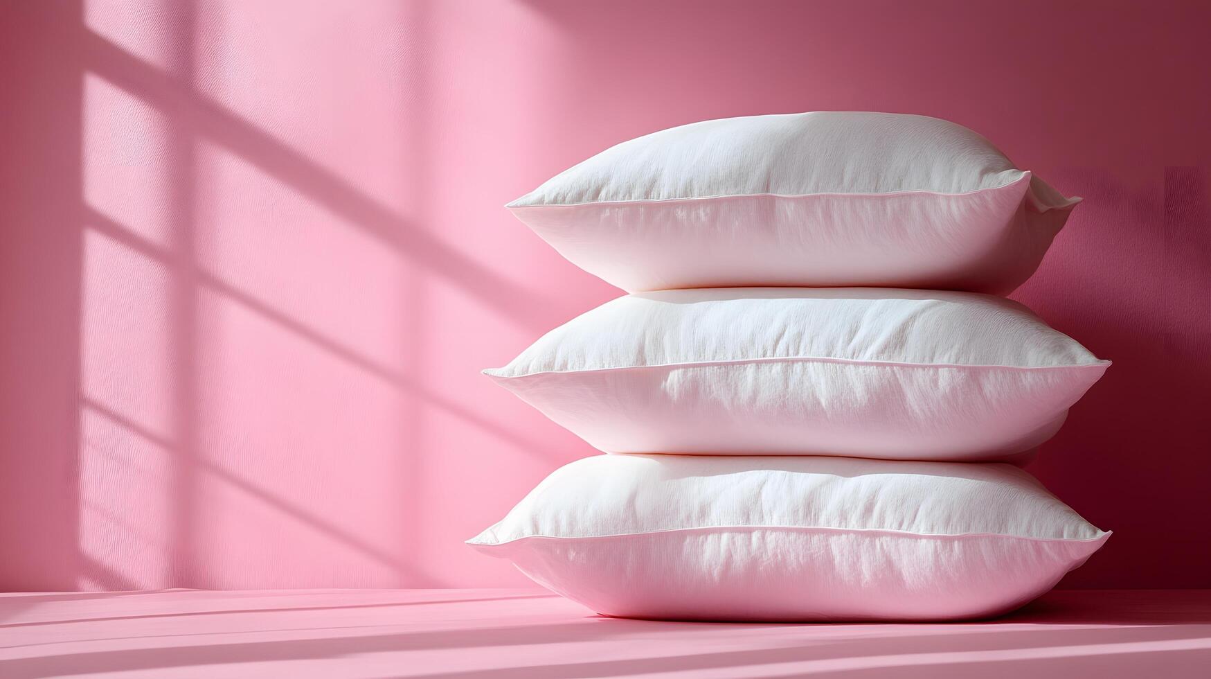 Pure white fluffy pillows stacked against soft pink background create minimalist composition with right-side positioning, emphasizing textile textures and comfort. soothing photo