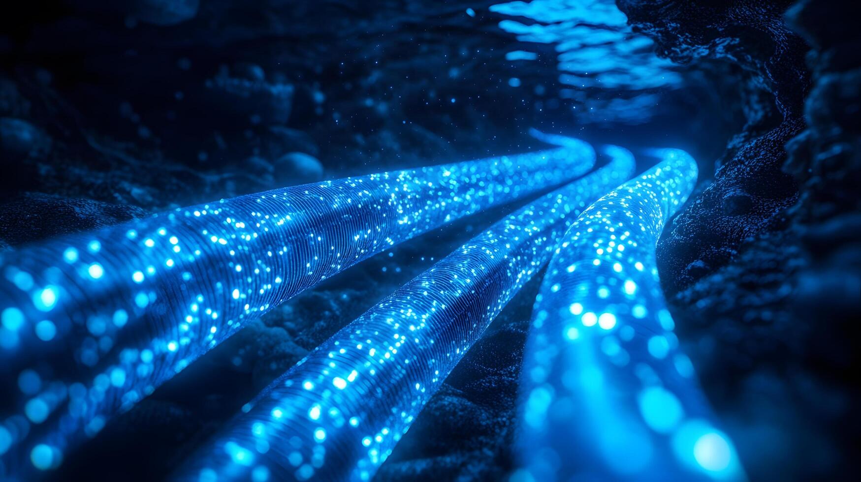 Deep-sea fiber optic cable illuminates ocean floor with bioluminescent blue glow, showcasing underwater technology against dark marine landscape and sandy seabed formations. rippled photo