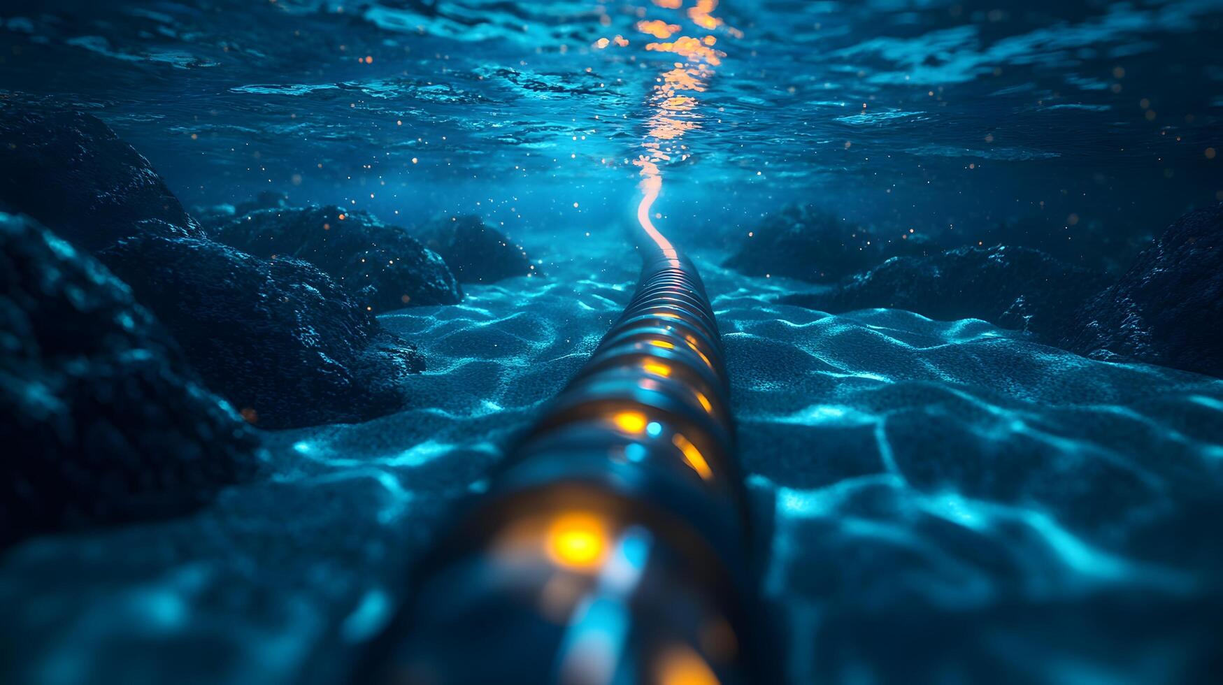 Deep-sea fiber optic cable illuminates ocean floor with bioluminescent blue glow, showcasing underwater technology against dark marine landscape and sandy seabed formations. technical photo