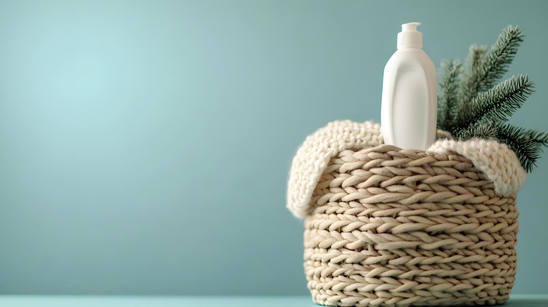 Woven wicker laundry basket displays white knitted sweater and detergent bottle, positioned rightward against soft blue backdrop in minimalist, cozy home setting. woven photo