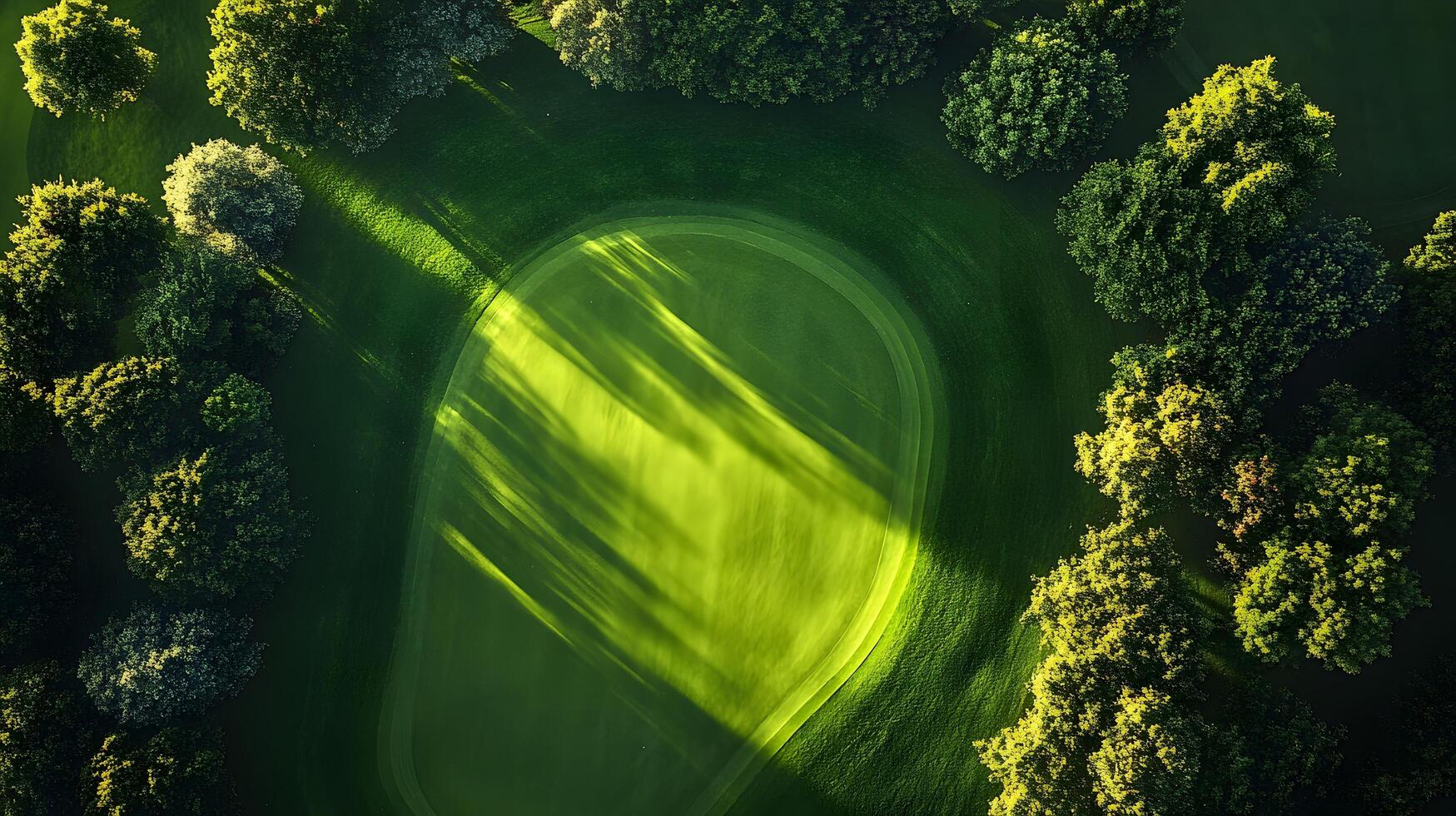 Luxury golf course green photographed from above shows manicured lawn, lush tree borders, and morning sunlight casting shadows across pristine landscape with early dew. golf photo