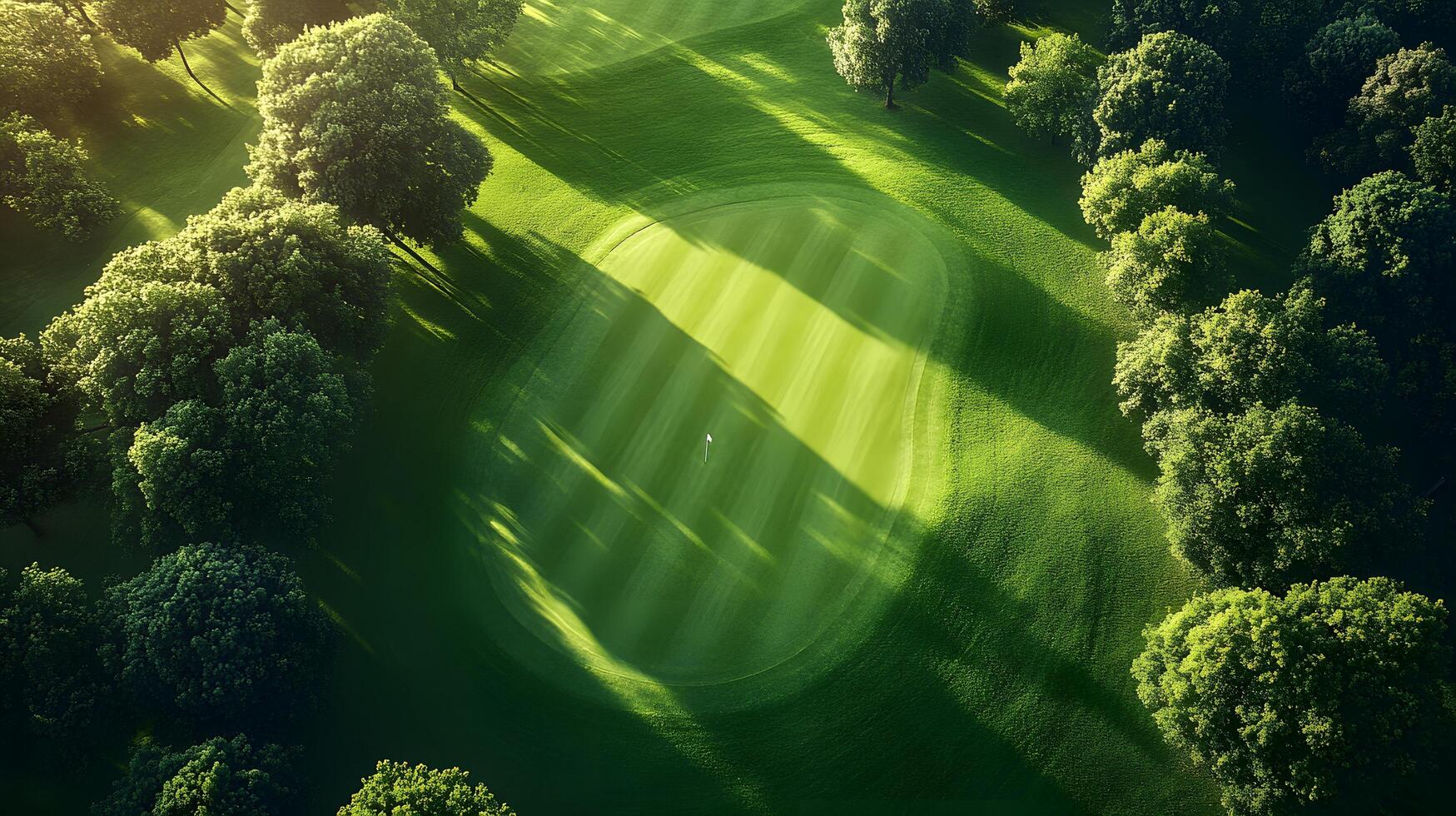 Luxury golf course green photographed from above shows manicured lawn, lush tree borders, and morning sunlight casting shadows across pristine landscape with early dew. course photo