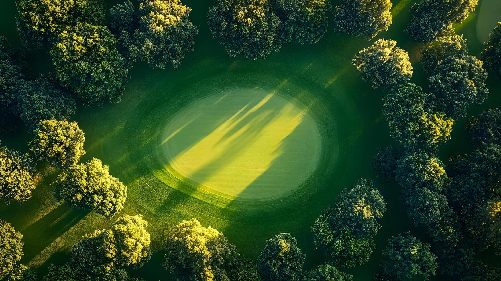 Luxury golf course green photographed from above shows manicured lawn, lush tree borders, and morning sunlight casting shadows across pristine landscape with early dew. lawn photo