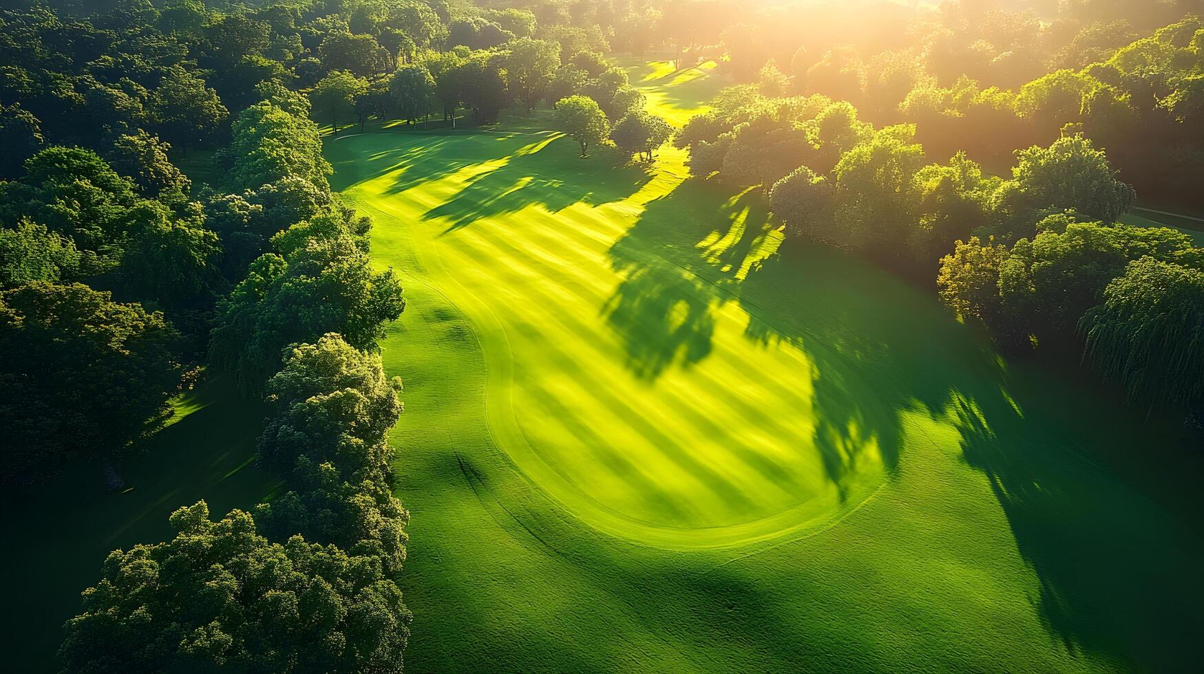 Luxury golf course green photographed from above shows manicured lawn, lush tree borders, and morning sunlight casting shadows across pristine landscape with early dew. sunlight photo