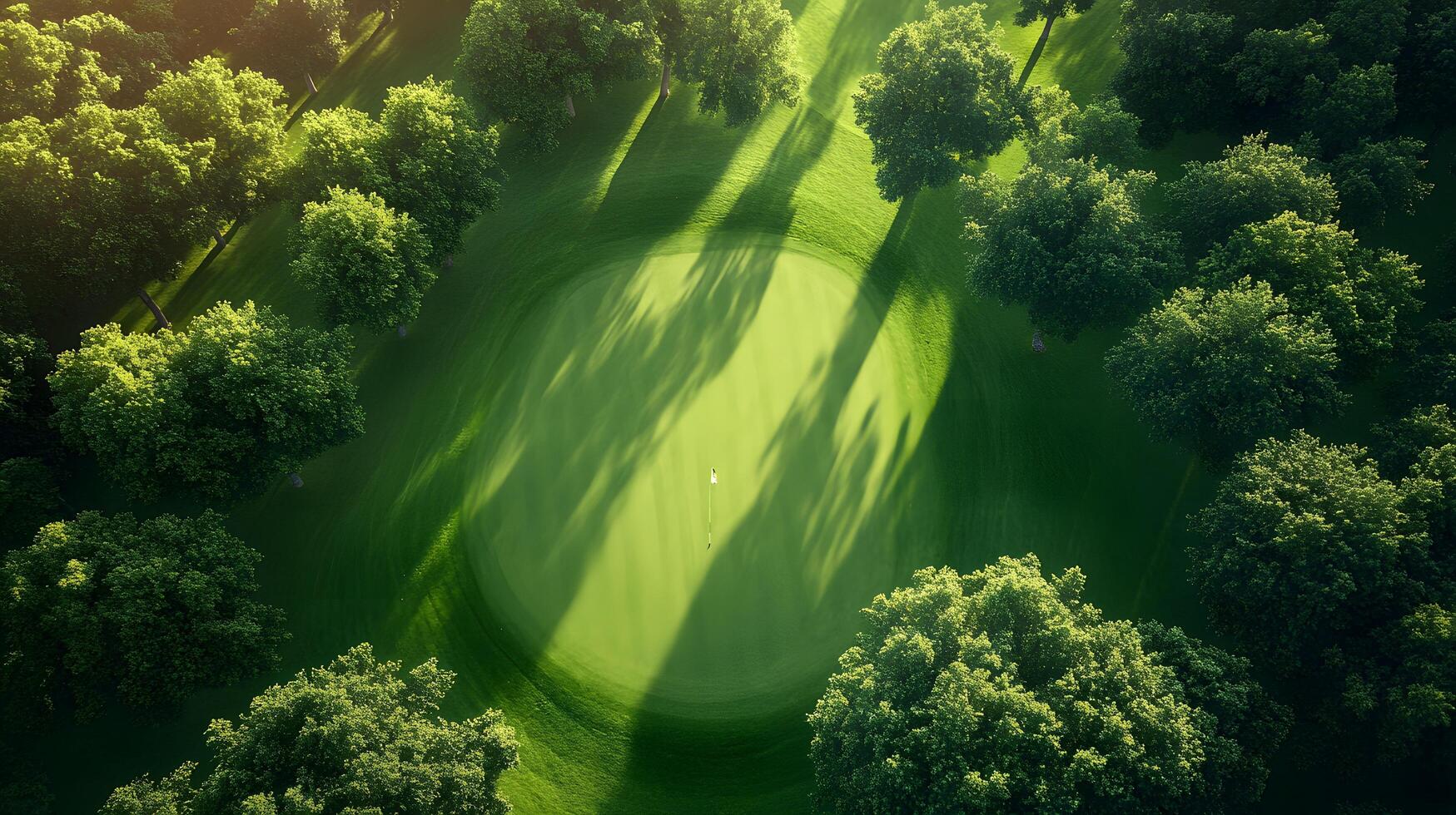 Luxury golf course green photographed from above shows manicured lawn, lush tree borders, and morning sunlight casting shadows across pristine landscape with early dew. landscape photo