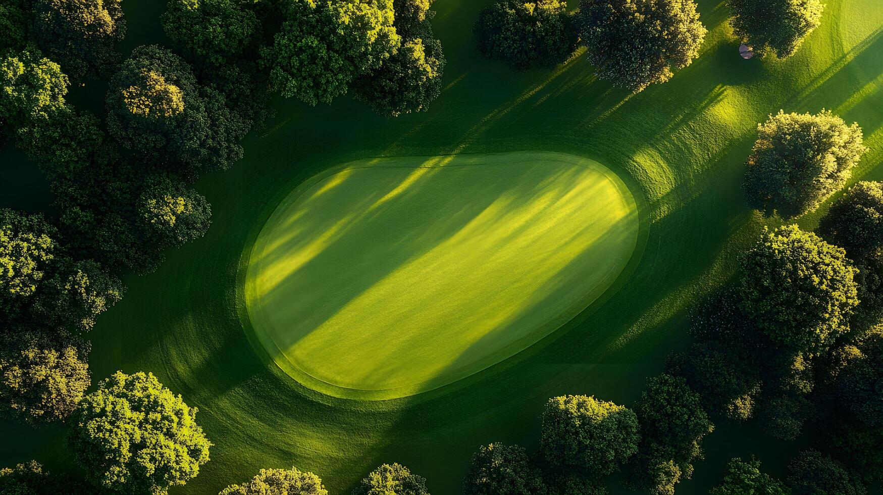 Luxury golf course green photographed from above shows manicured lawn, lush tree borders, and morning sunlight casting shadows across pristine landscape with early dew. trees photo