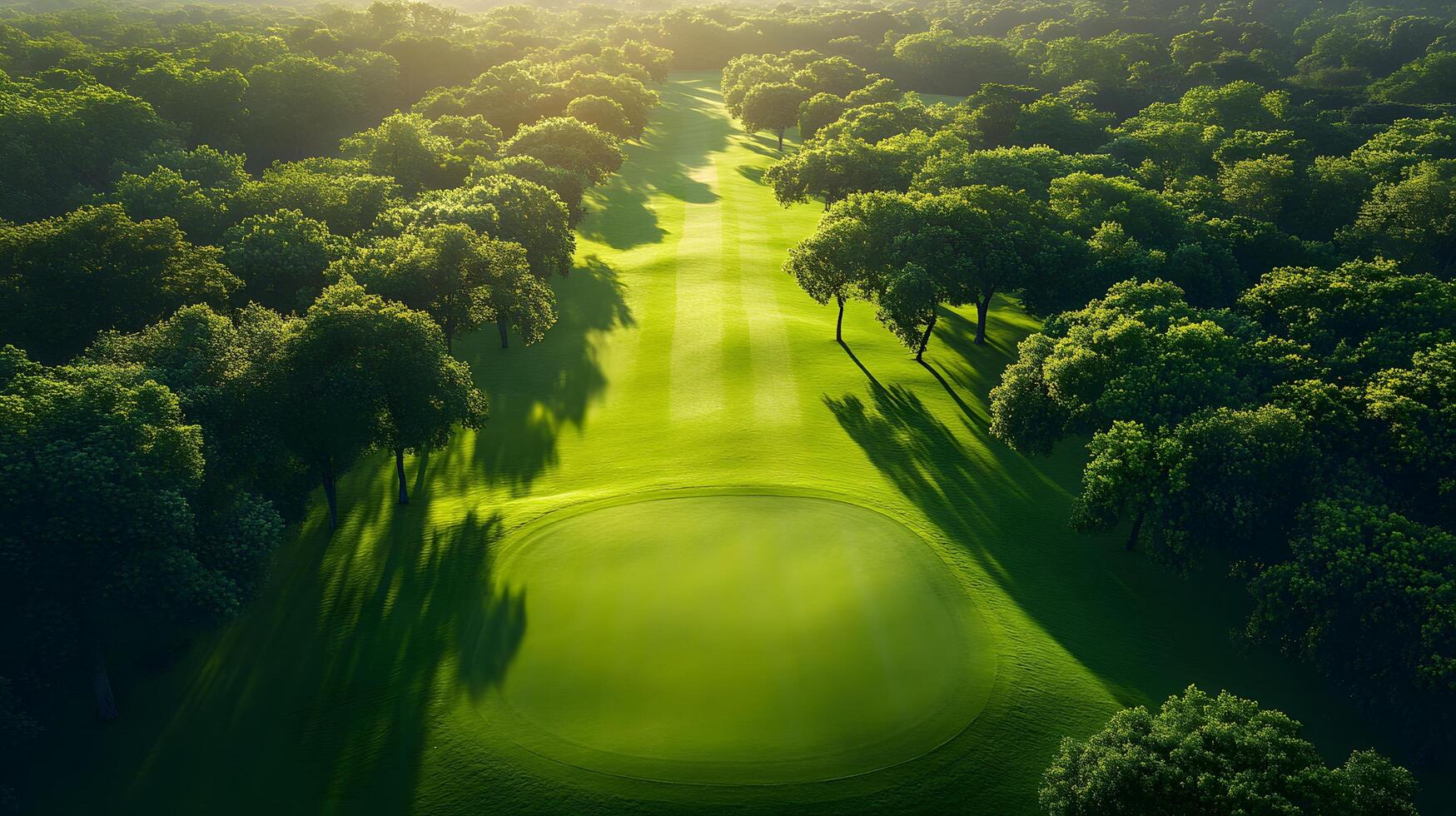 Luxury golf course green photographed from above shows manicured lawn, lush tree borders, and morning sunlight casting shadows across pristine landscape with early dew. shadows photo