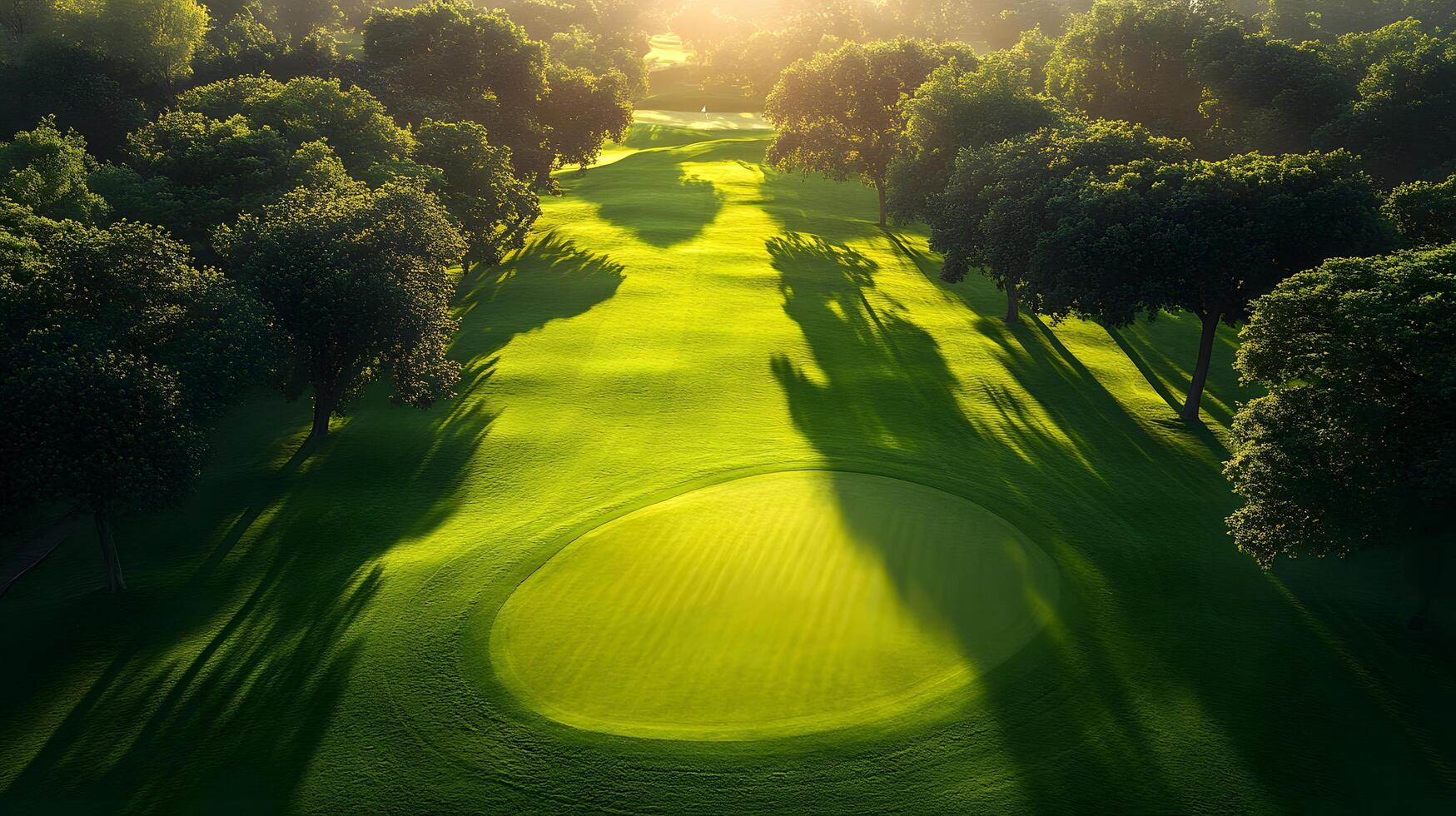Luxury golf course green photographed from above shows manicured lawn, lush tree borders, and morning sunlight casting shadows across pristine landscape with early dew. aerial photo