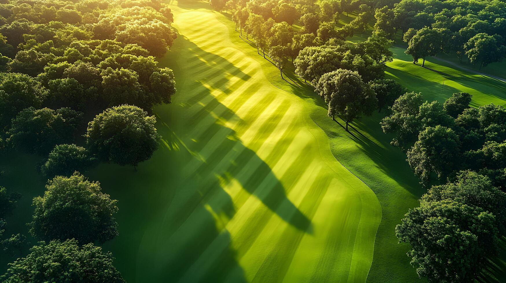 Luxury golf course green photographed from above shows manicured lawn, lush tree borders, and morning sunlight casting shadows across pristine landscape with early dew. dew photo