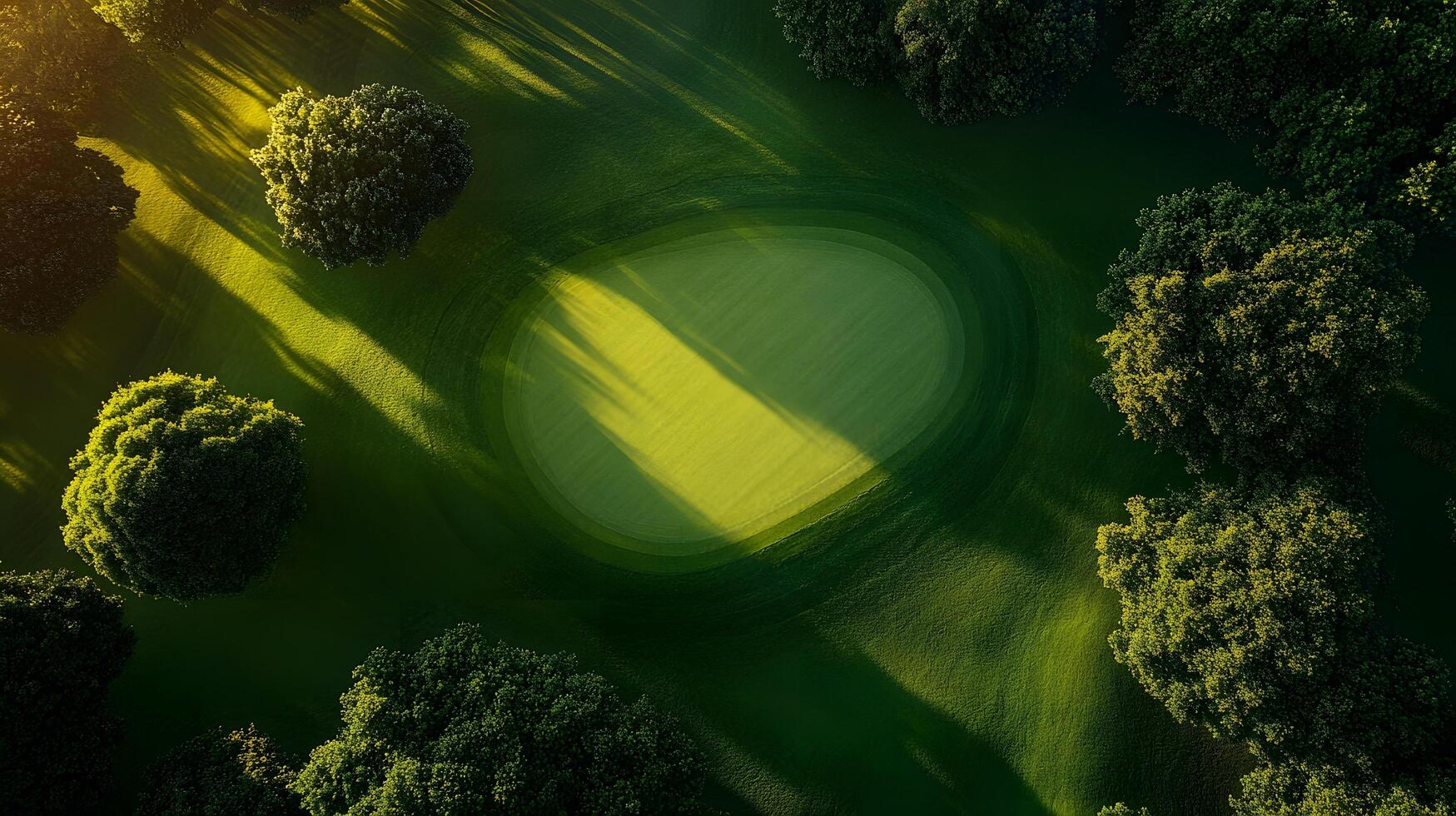 Luxury golf course green photographed from above shows manicured lawn, lush tree borders, and morning sunlight casting shadows across pristine landscape with early dew. manicured photo
