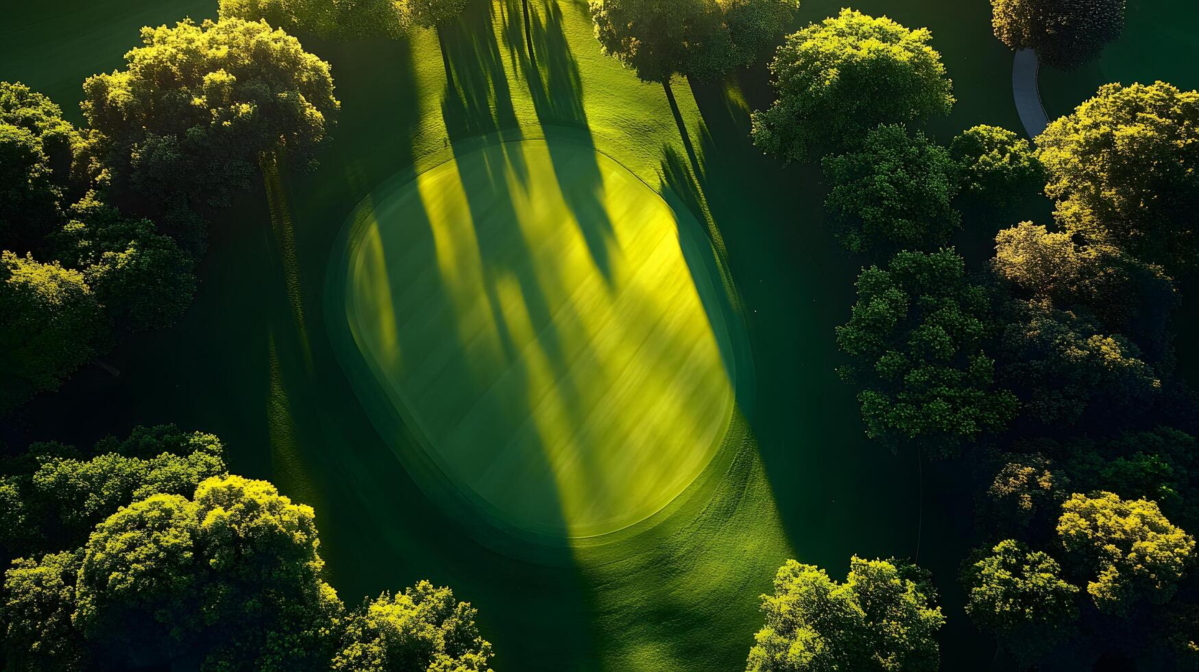 Luxury golf course green photographed from above shows manicured lawn, lush tree borders, and morning sunlight casting shadows across pristine landscape with early dew. recreation photo