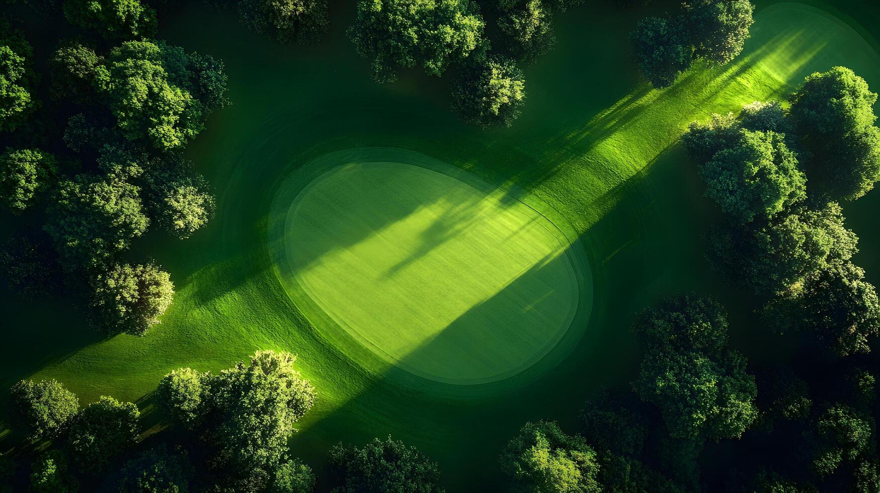 Luxury golf course green photographed from above shows manicured lawn, lush tree borders, and morning sunlight casting shadows across pristine landscape with early dew. leisure photo