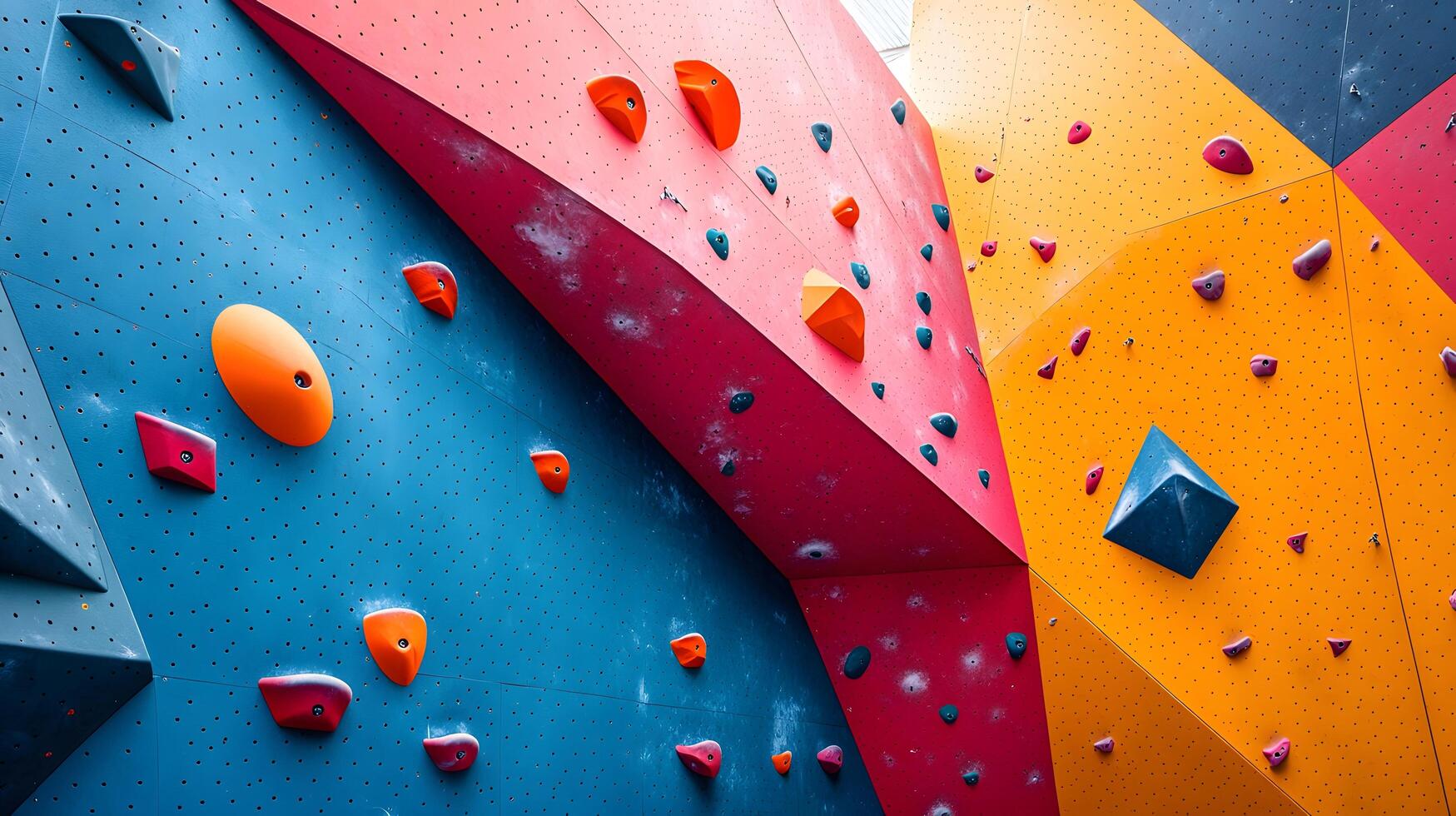 Colorful climbing wall features vibrant pink, blue, and orange holds in child-friendly bouldering gym, displaying safety padding and bold geometric shapes in diffused lighting. fitness photo