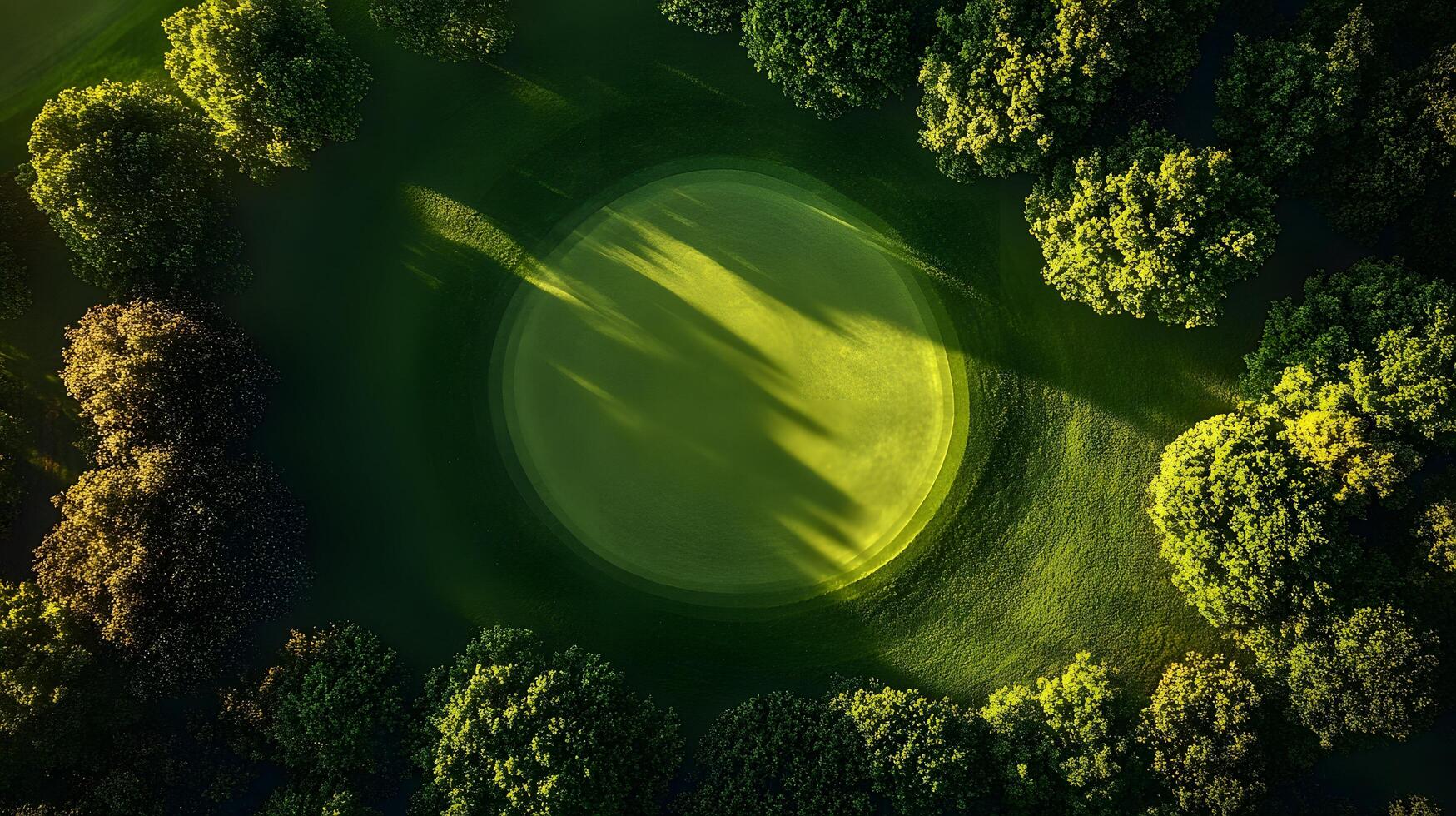Luxury golf course green photographed from above shows manicured lawn, lush tree borders, and morning sunlight casting shadows across pristine landscape with early dew. exclusive photo