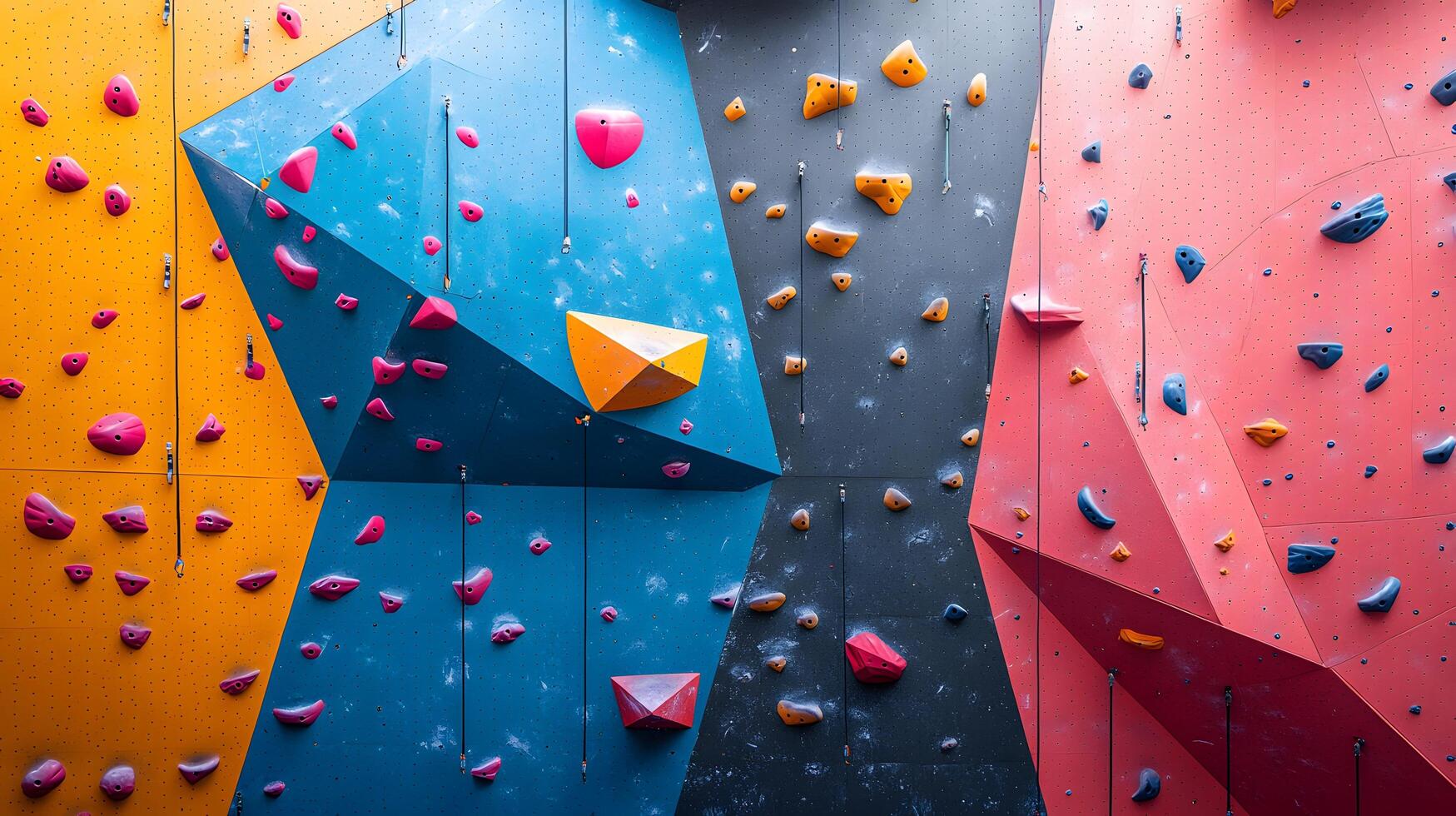 Colorful climbing wall features vibrant pink, blue, and orange holds in child-friendly bouldering gym, displaying safety padding and bold geometric shapes in diffused lighting. energetic photo