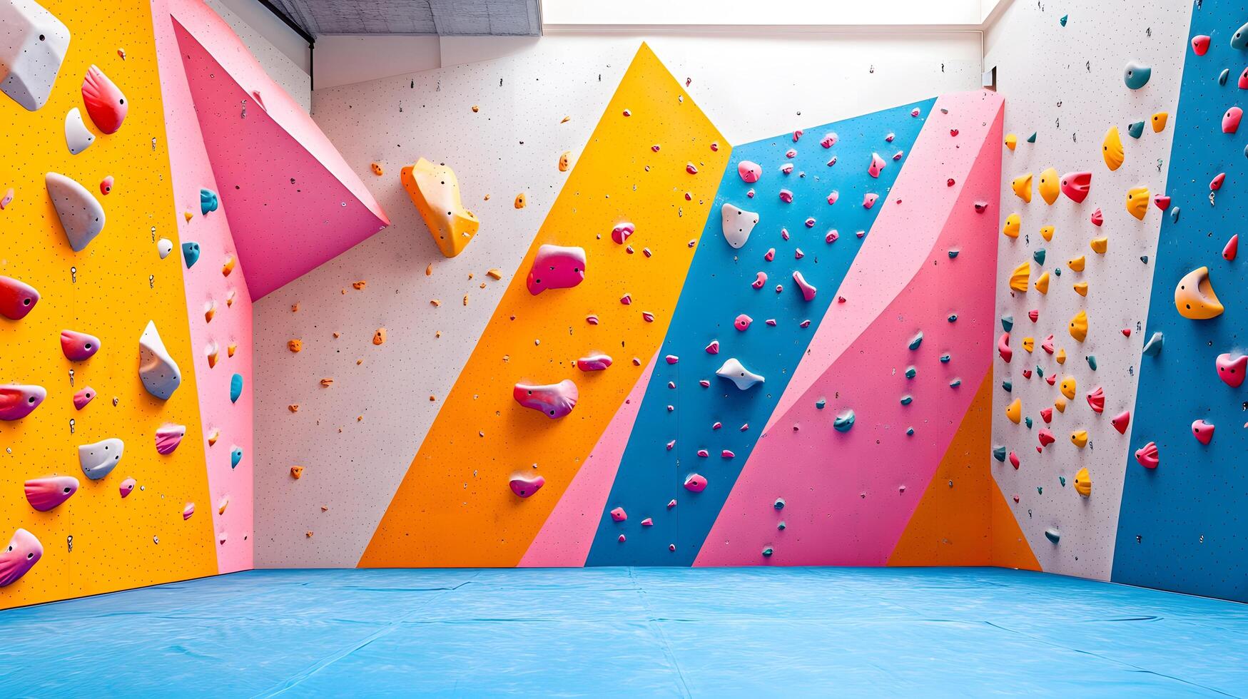 Colorful climbing wall features vibrant pink, blue, and orange holds in child-friendly bouldering gym, displaying safety padding and bold geometric shapes in diffused lighting. wall photo