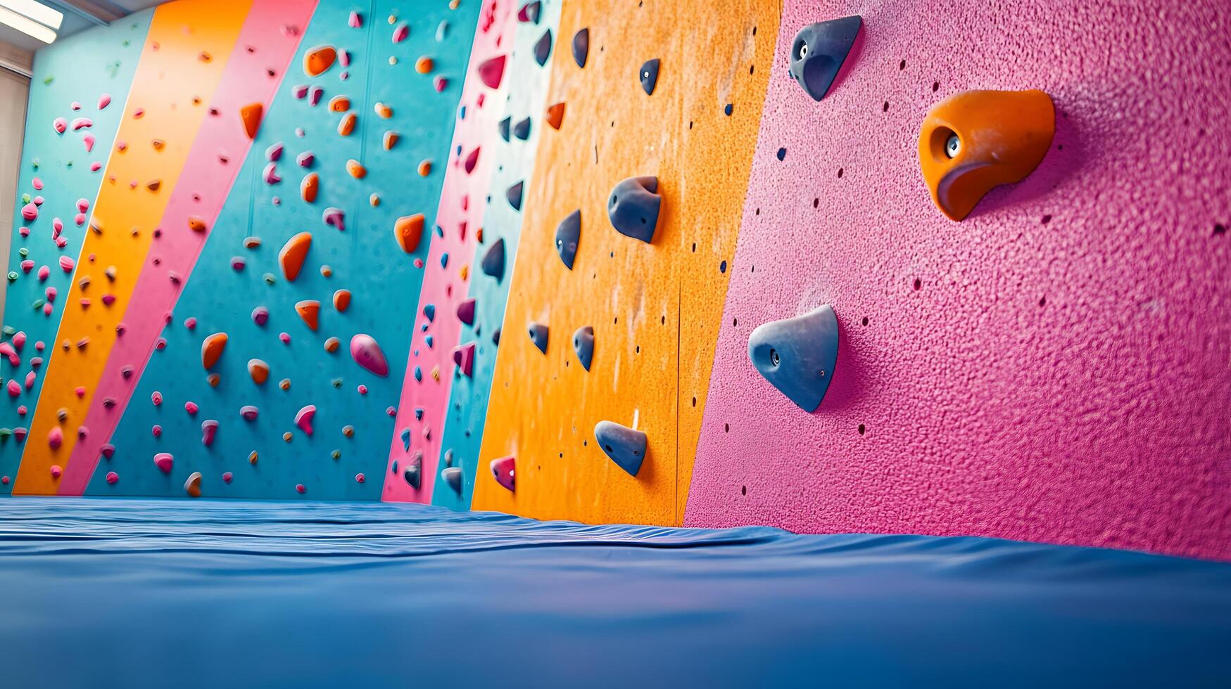 Colorful climbing wall features vibrant pink, blue, and orange holds in child-friendly bouldering gym, displaying safety padding and bold geometric shapes in diffused lighting. padding photo