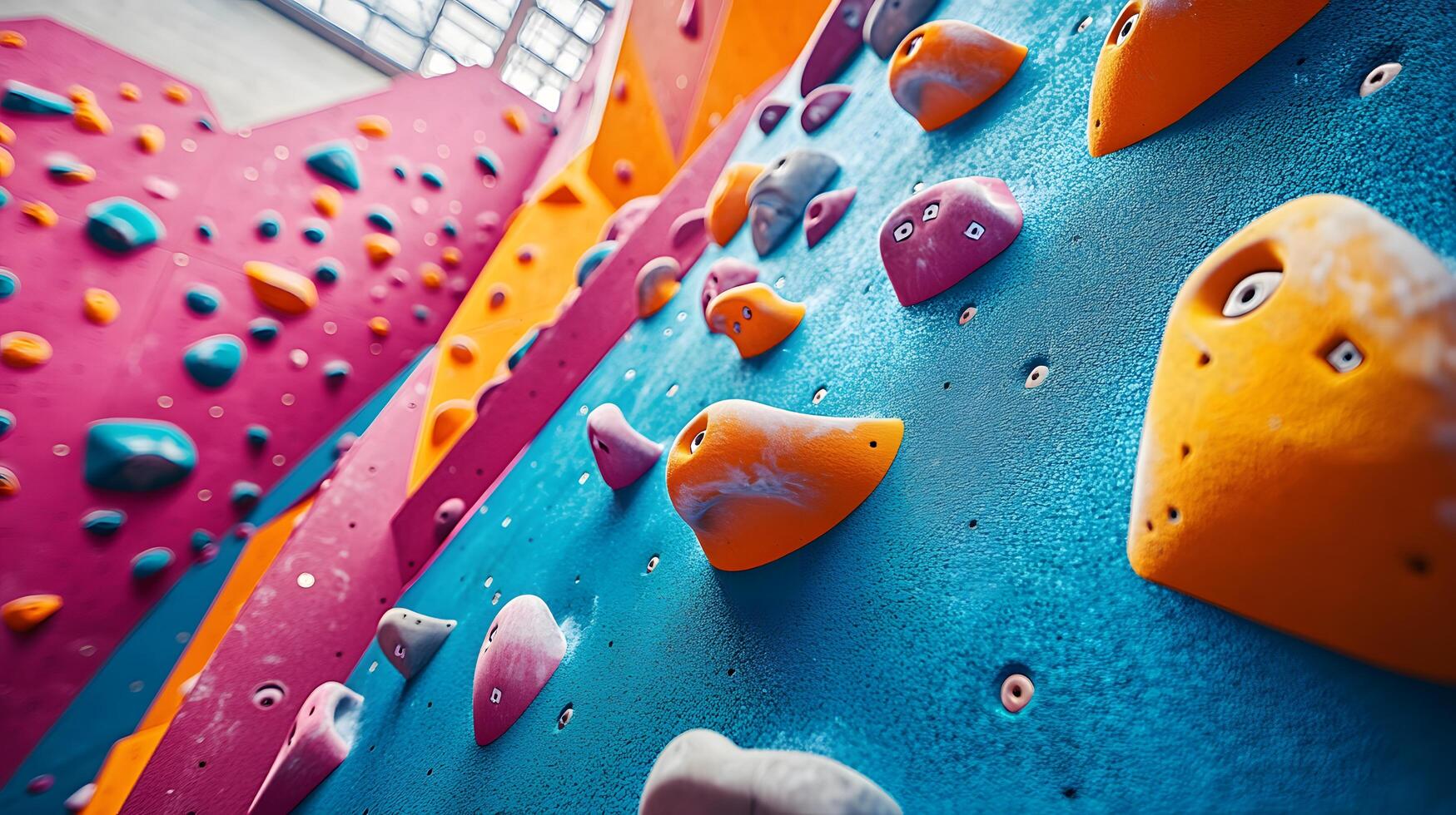 Colorful climbing wall features vibrant pink, blue, and orange holds in child-friendly bouldering gym, displaying safety padding and bold geometric shapes in diffused lighting. safety photo