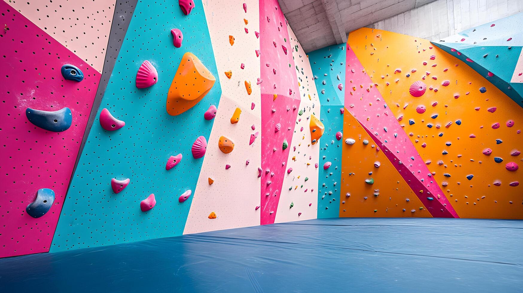 Colorful climbing wall features vibrant pink, blue, and orange holds in child-friendly bouldering gym, displaying safety padding and bold geometric shapes in diffused lighting. indoor photo