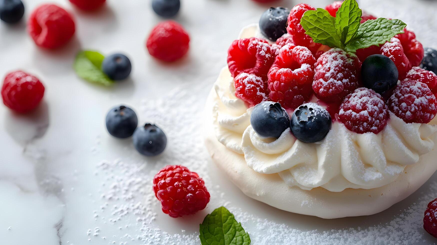 Elegant mini pavlovas feature whipped cream and fresh berries on white marble, showcasing luxury food styling with scattered raspberries, blueberries, mint leaves, sugar in natural lighting. plating photo