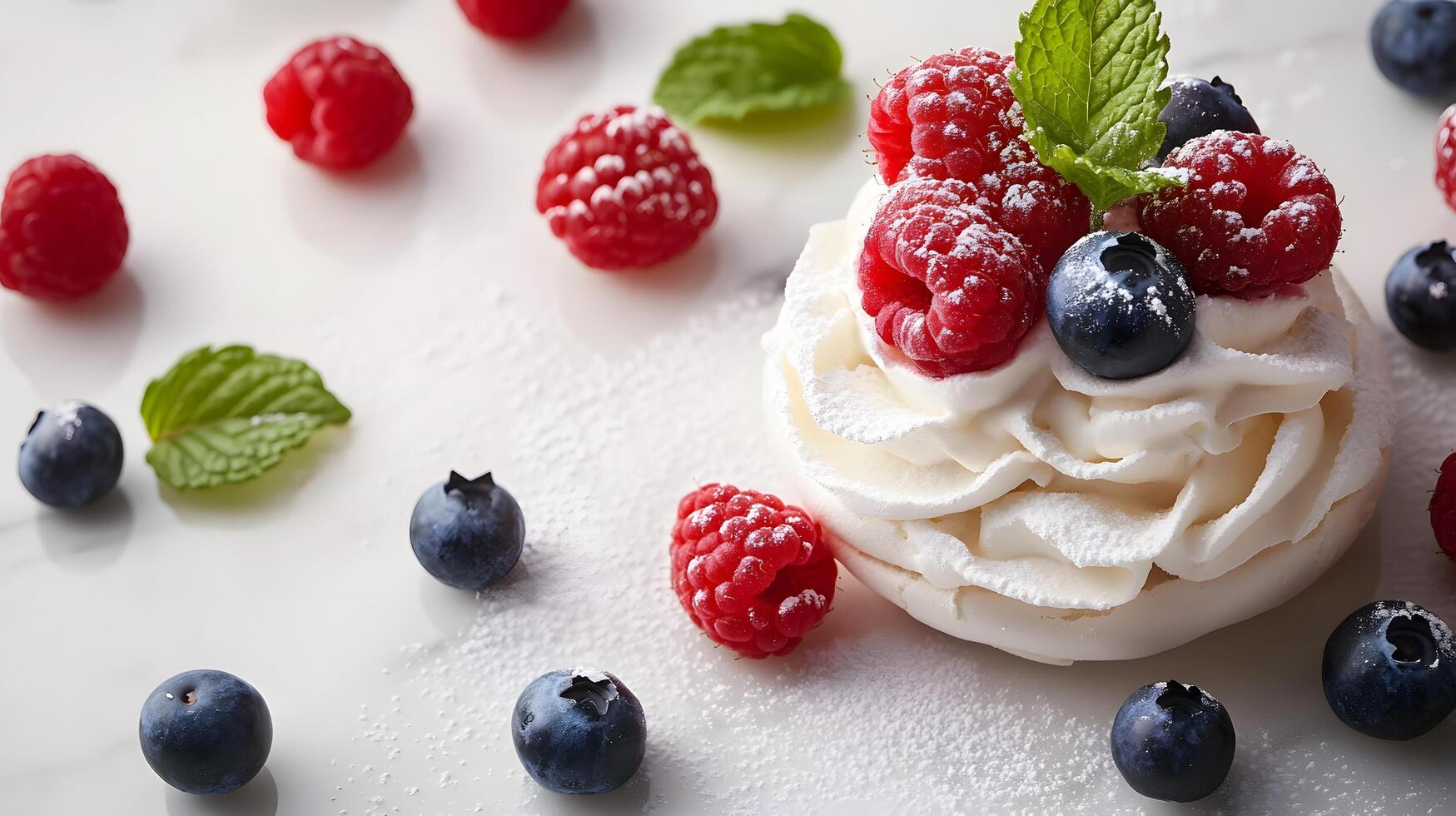 Elegant mini pavlovas feature whipped cream and fresh berries on white marble, showcasing luxury food styling with scattered raspberries, blueberries, mint leaves, sugar in natural lighting. berries photo
