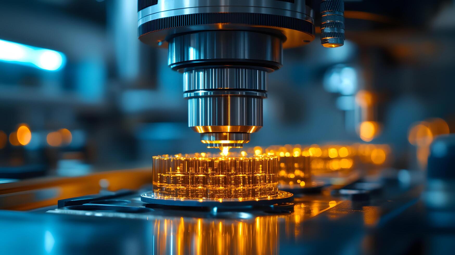 Integrated circuit manufacturing reveals extreme close-up of microchip assembly with golden components, blue technological ambiance, and precision engineering details. complex photo