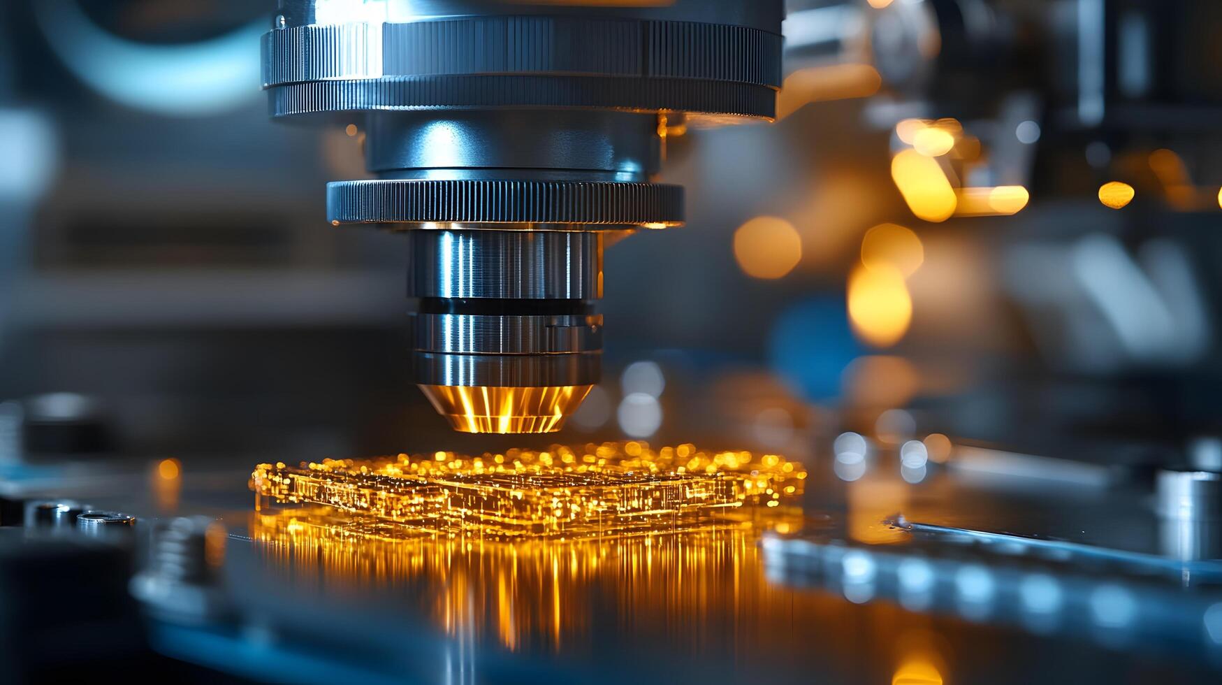 Integrated circuit manufacturing reveals extreme close-up of microchip assembly with golden components, blue technological ambiance, and precision engineering details. microscopic photo